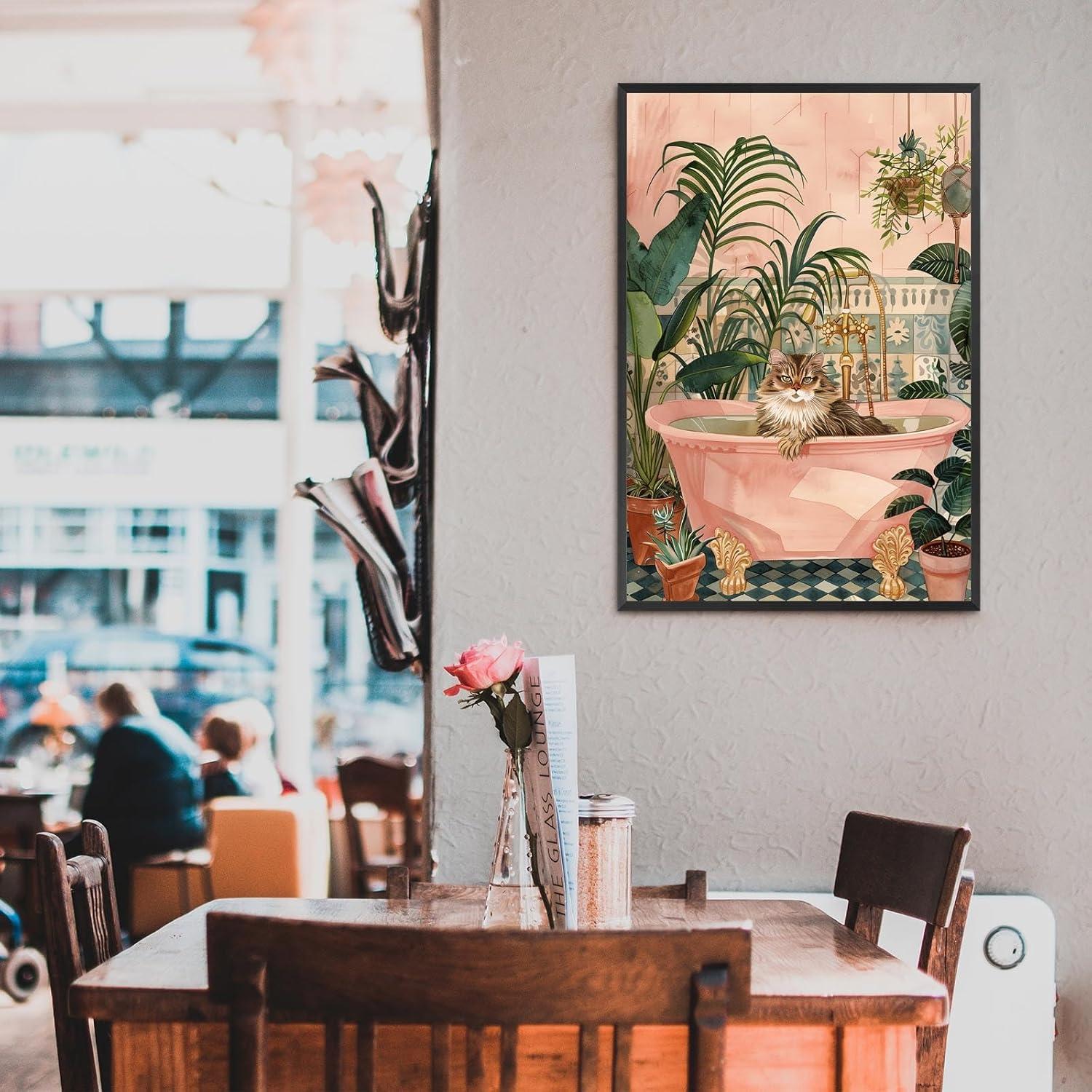 Cartel Decorativo de Gato en Baño Rosa 20x25cm Enmarcado