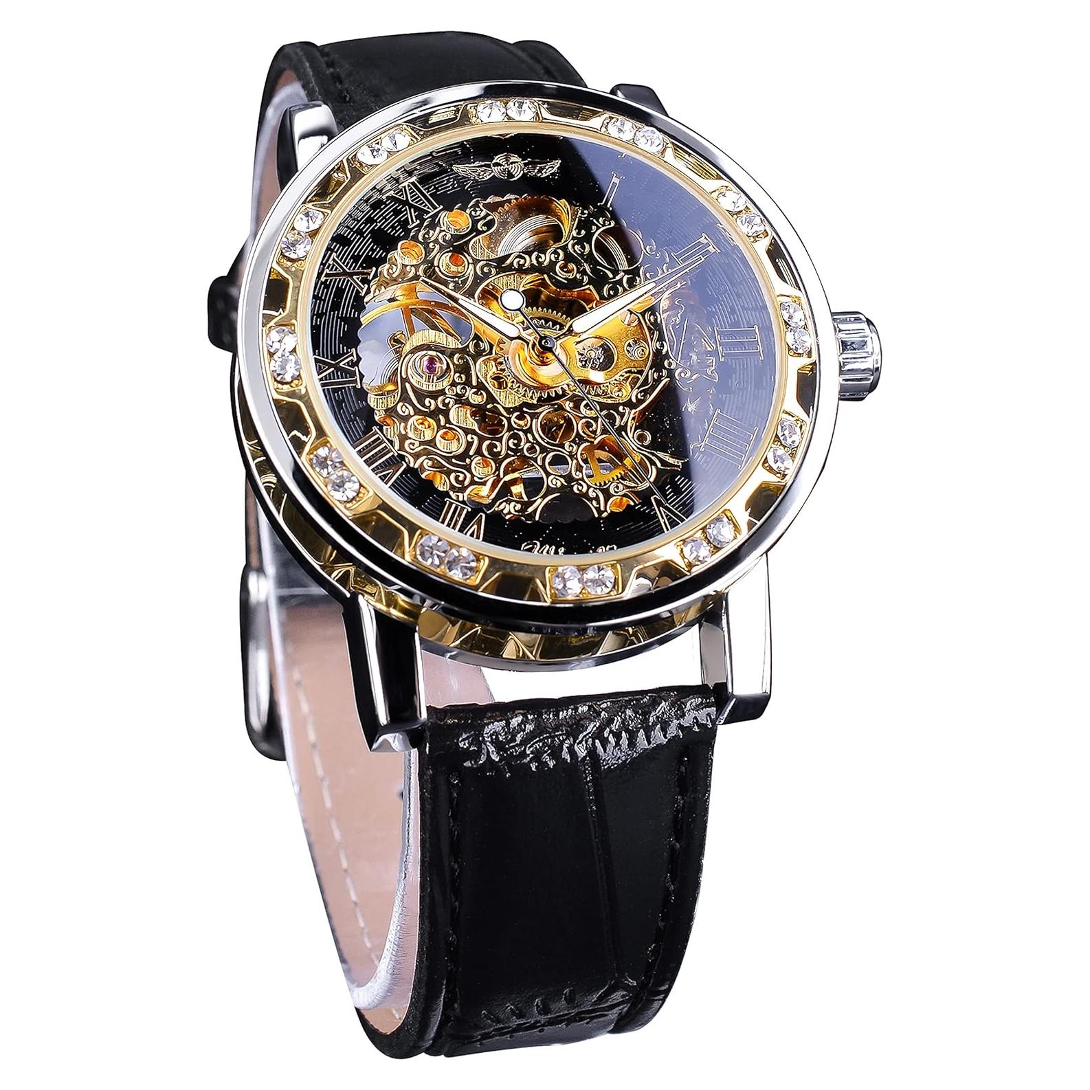 Reloj Esqueleto Mecánico Winner Retro con Diamante y Flor