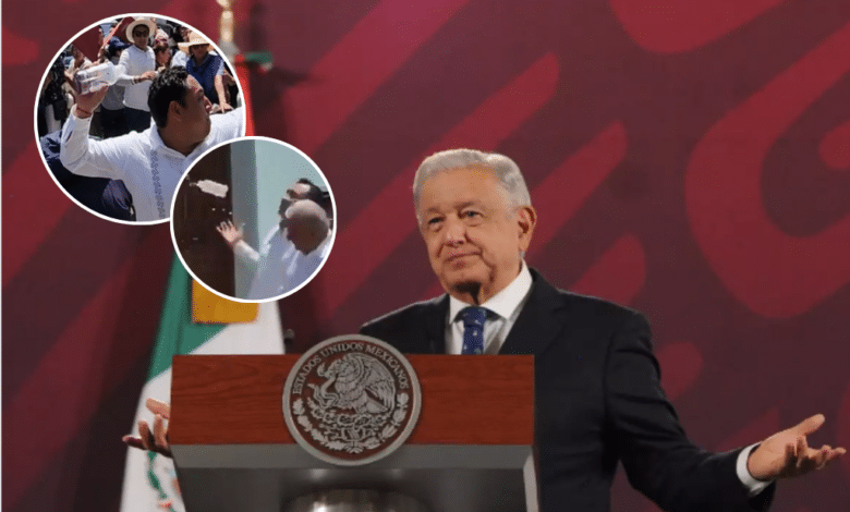 AMLO bromea sobre botella con agua que le aventaron en Veracruz