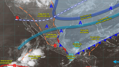 Hoy, el frente núm. 19 se extenderá con características de estacionario sobre la península de Yucatán y el sureste mexicano, ocasionará lluvias puntuales intensas en zonas de Chiapas (norte y este) y Tabasco (sur y sureste); muy fuertes en Veracruz (región Olmeca) y Oaxaca (este), y fuertes en Campeche, Yucatán y Quintana Roo.