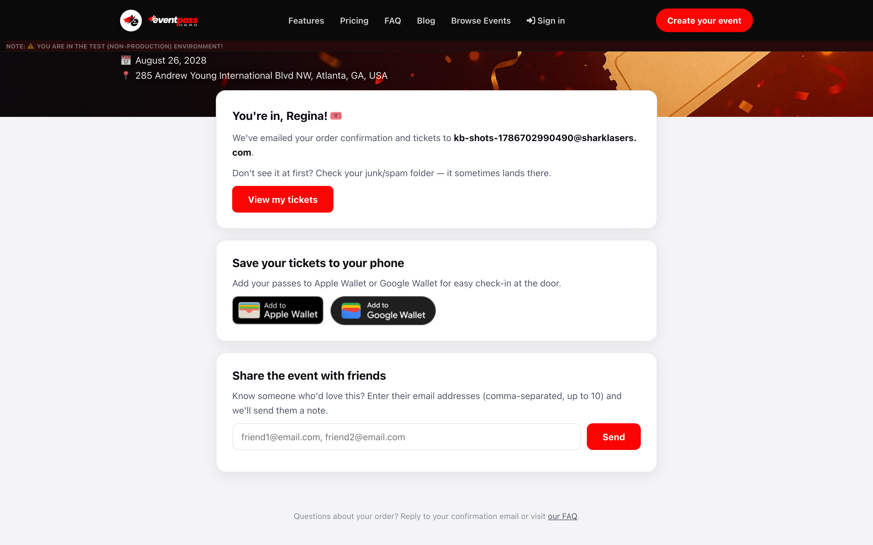 The order confirmation page with the Apple Wallet and Google Wallet buttons in the Save your tickets to your phone section
