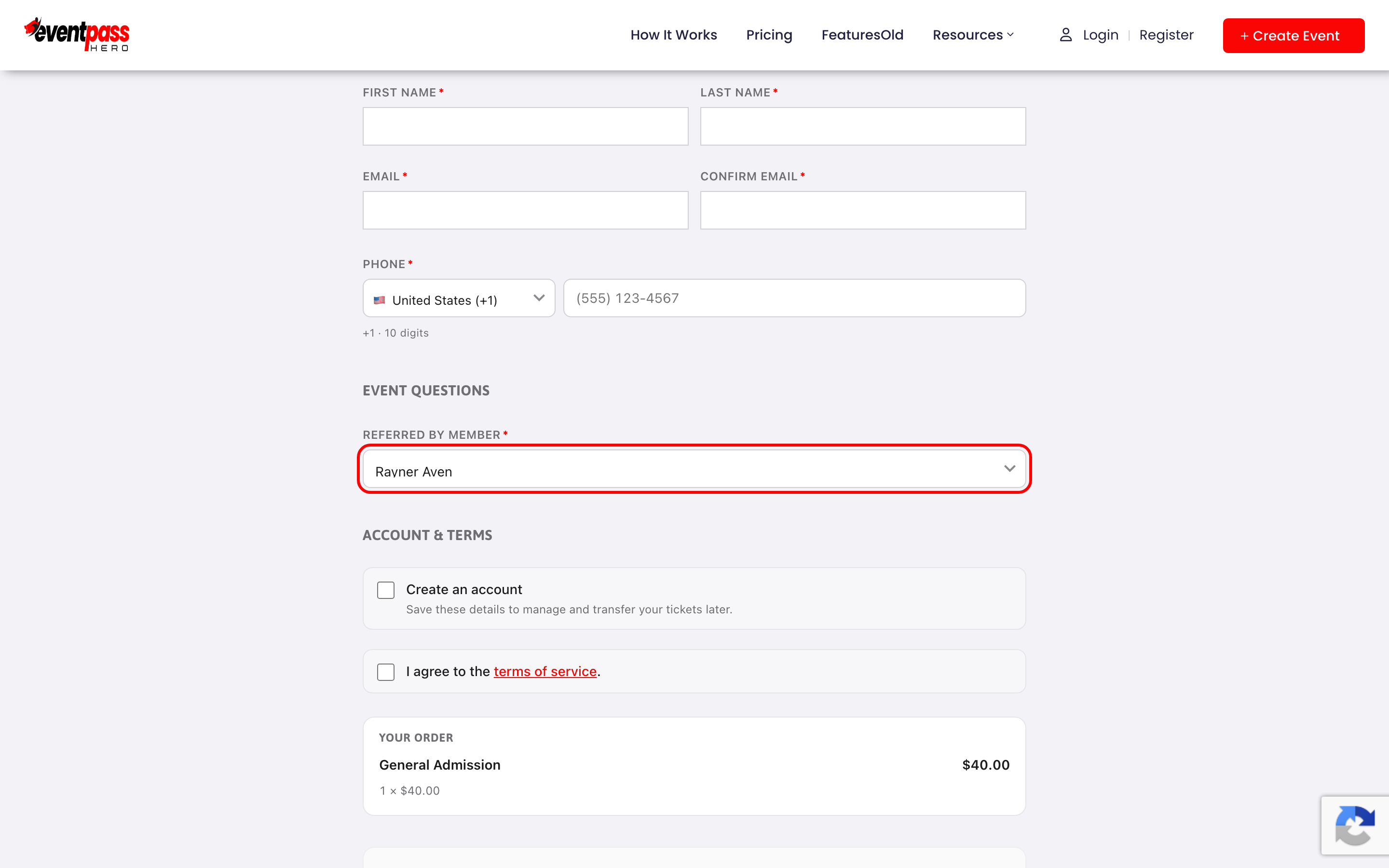 The checkout's Referred by member dropdown with a member's name selected