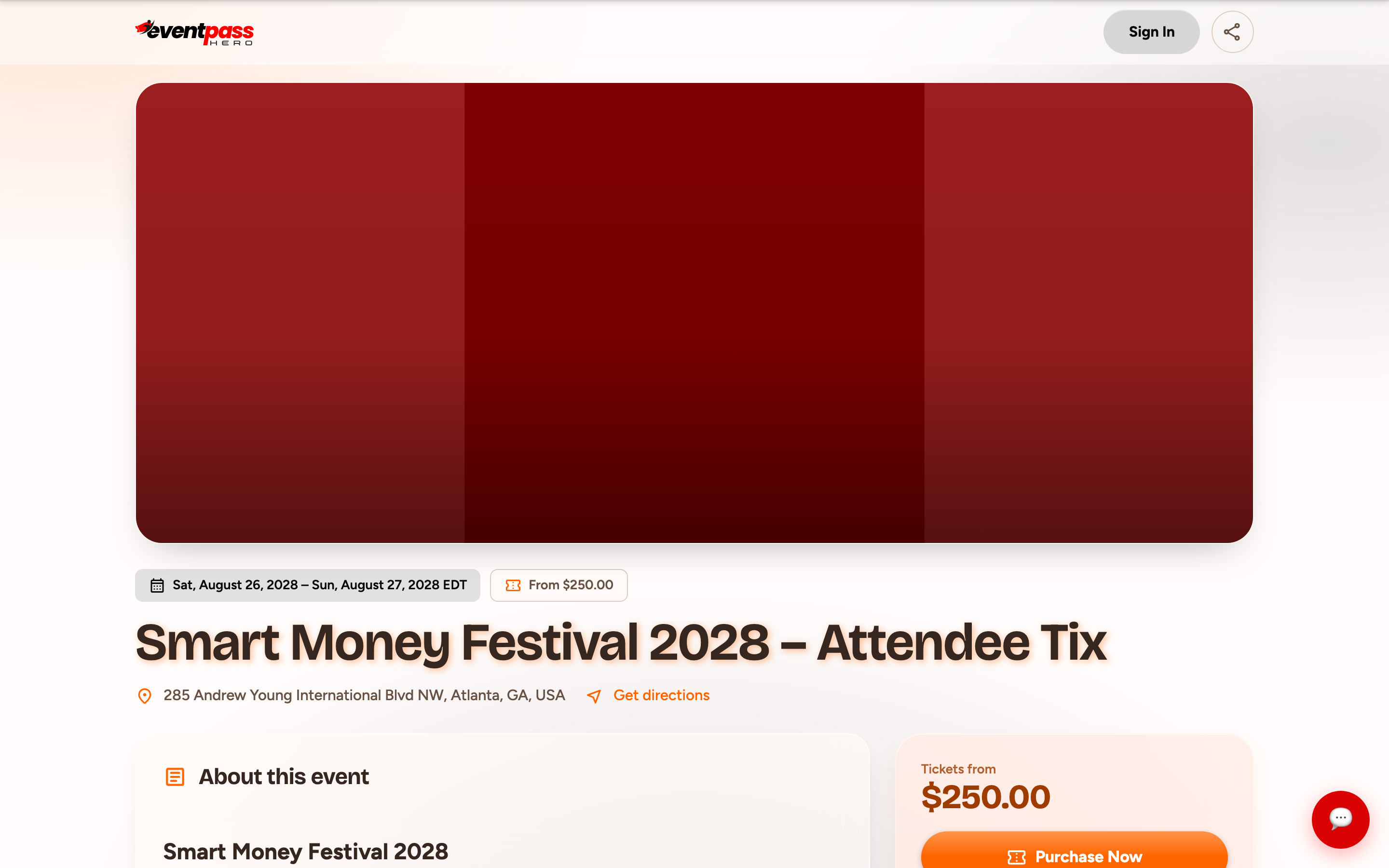 An EventPassHero event page showing the event banner, name, date, and venue, with the ticket price and Purchase Now button on the right