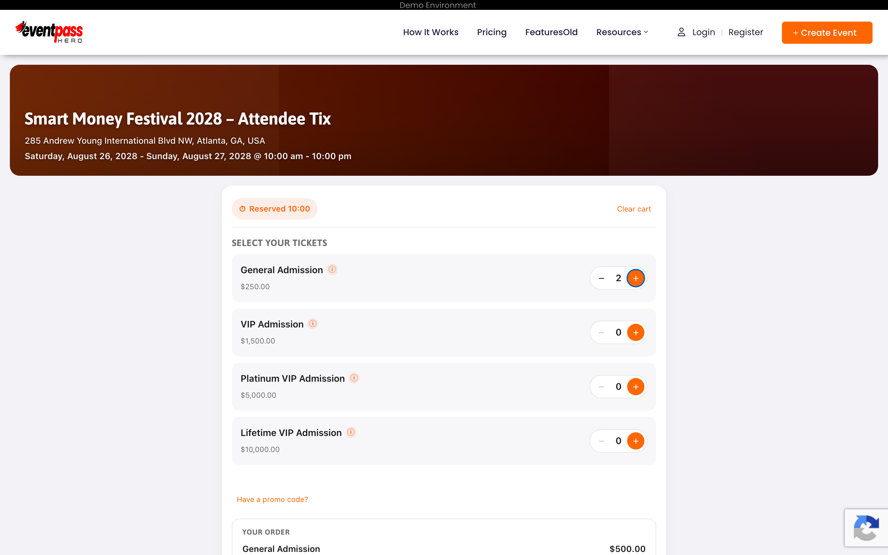 The cart's Select Your Tickets list with quantity steppers and the order summary