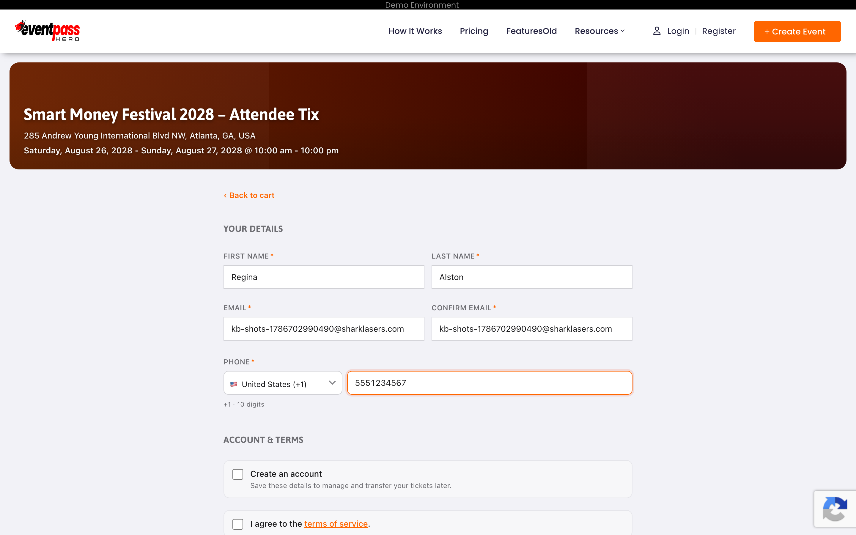 The checkout form asking for name, email, confirm email, and phone