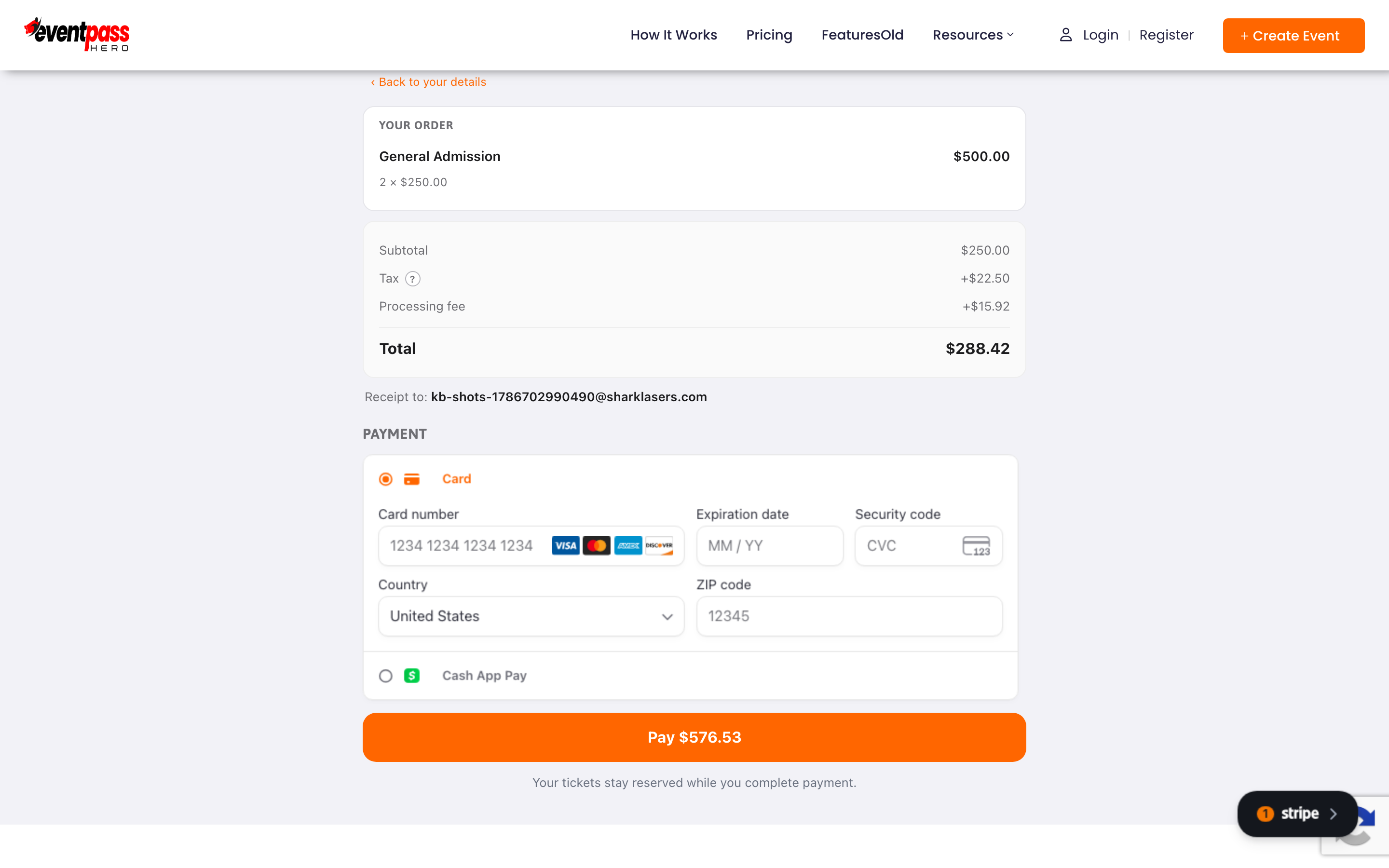 The payment section with the order summary and secure card fields