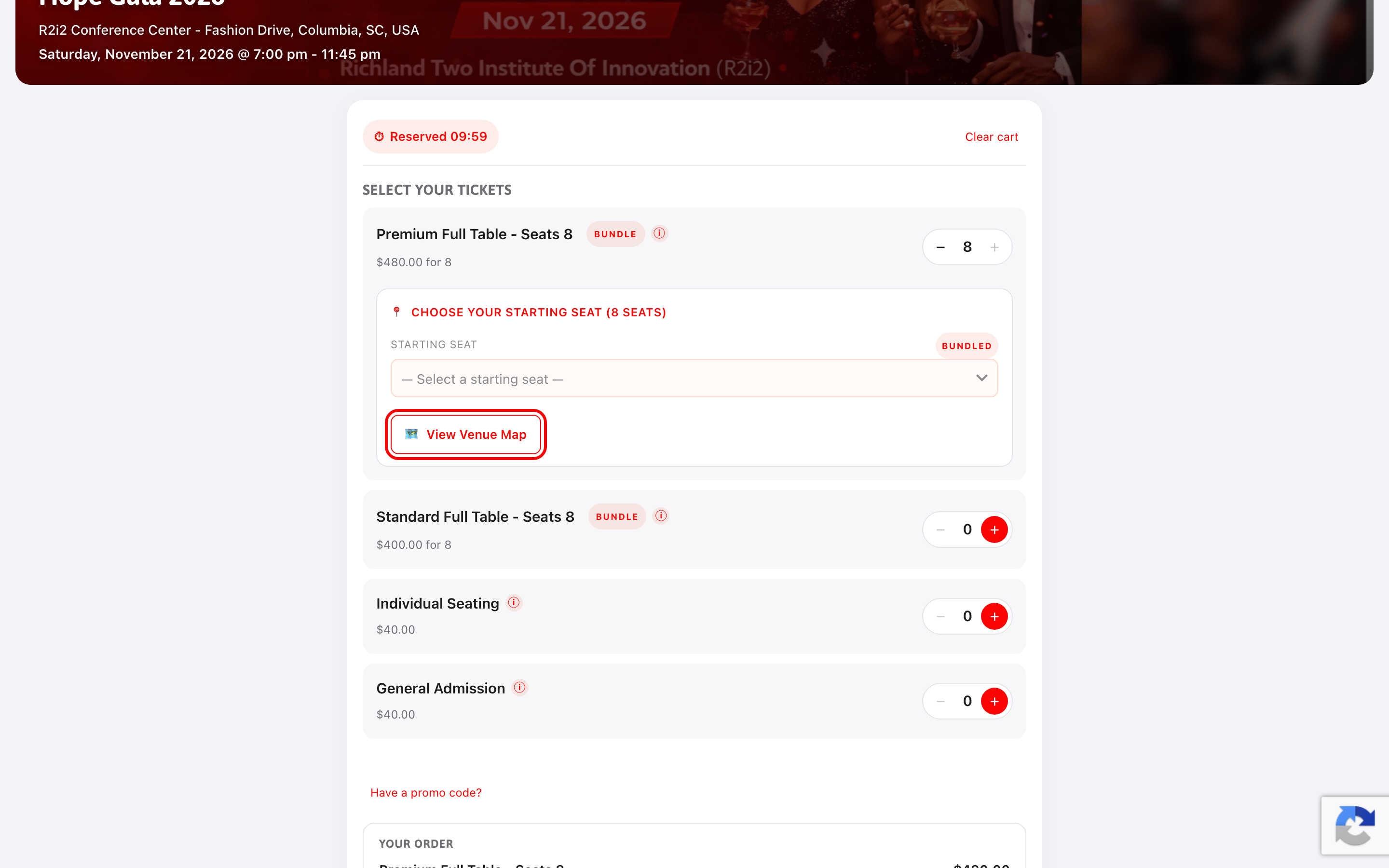 The cart's seat picker with the choose-seats-on-map button highlighted