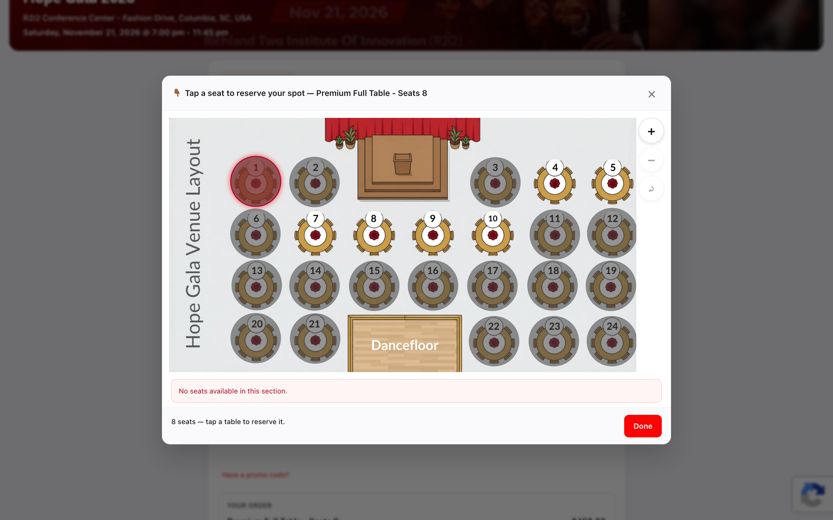 The venue map with a table selected, reserving its seats for the order