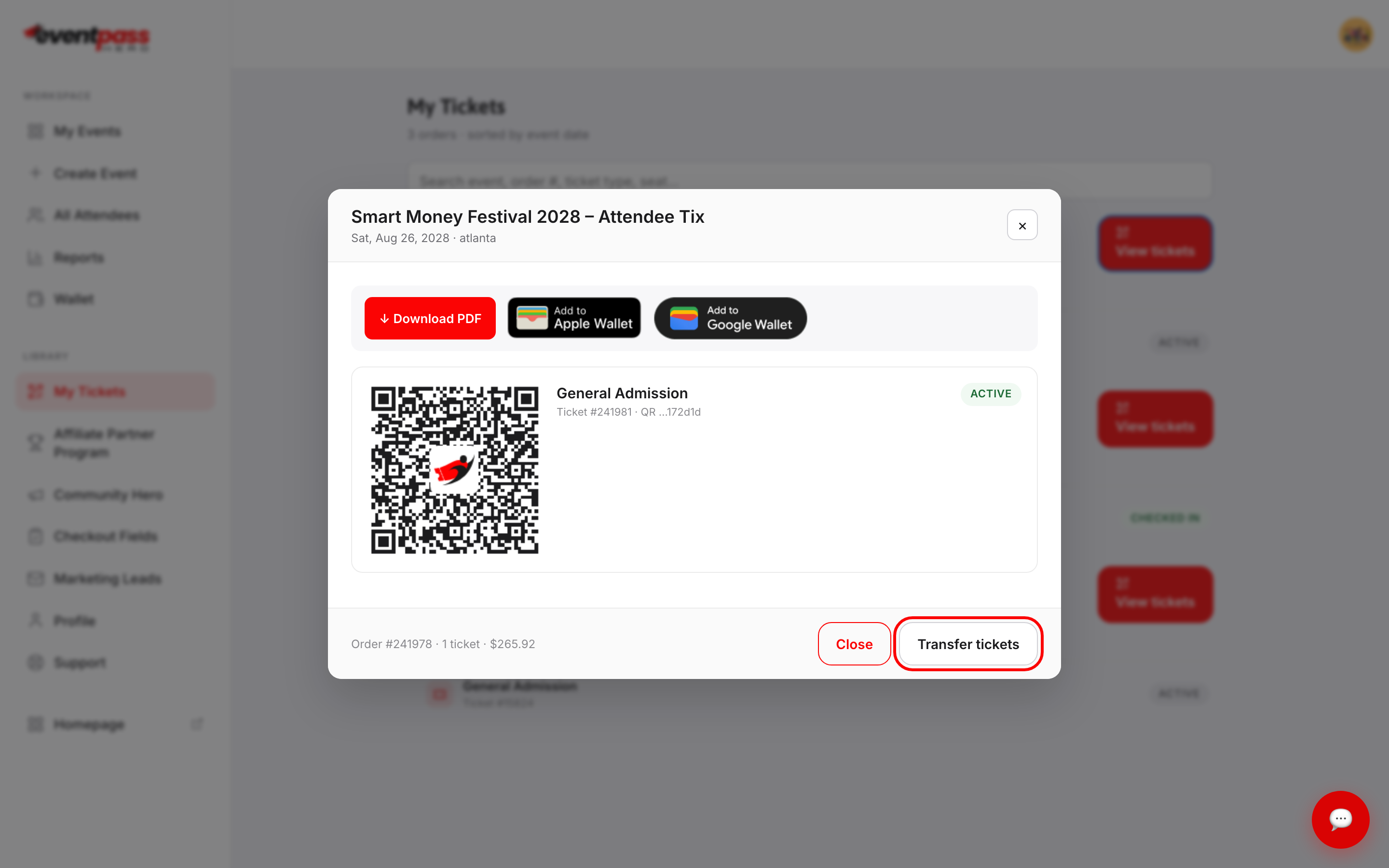 The ticket view with QR code, wallet buttons, and the Transfer tickets button highlighted