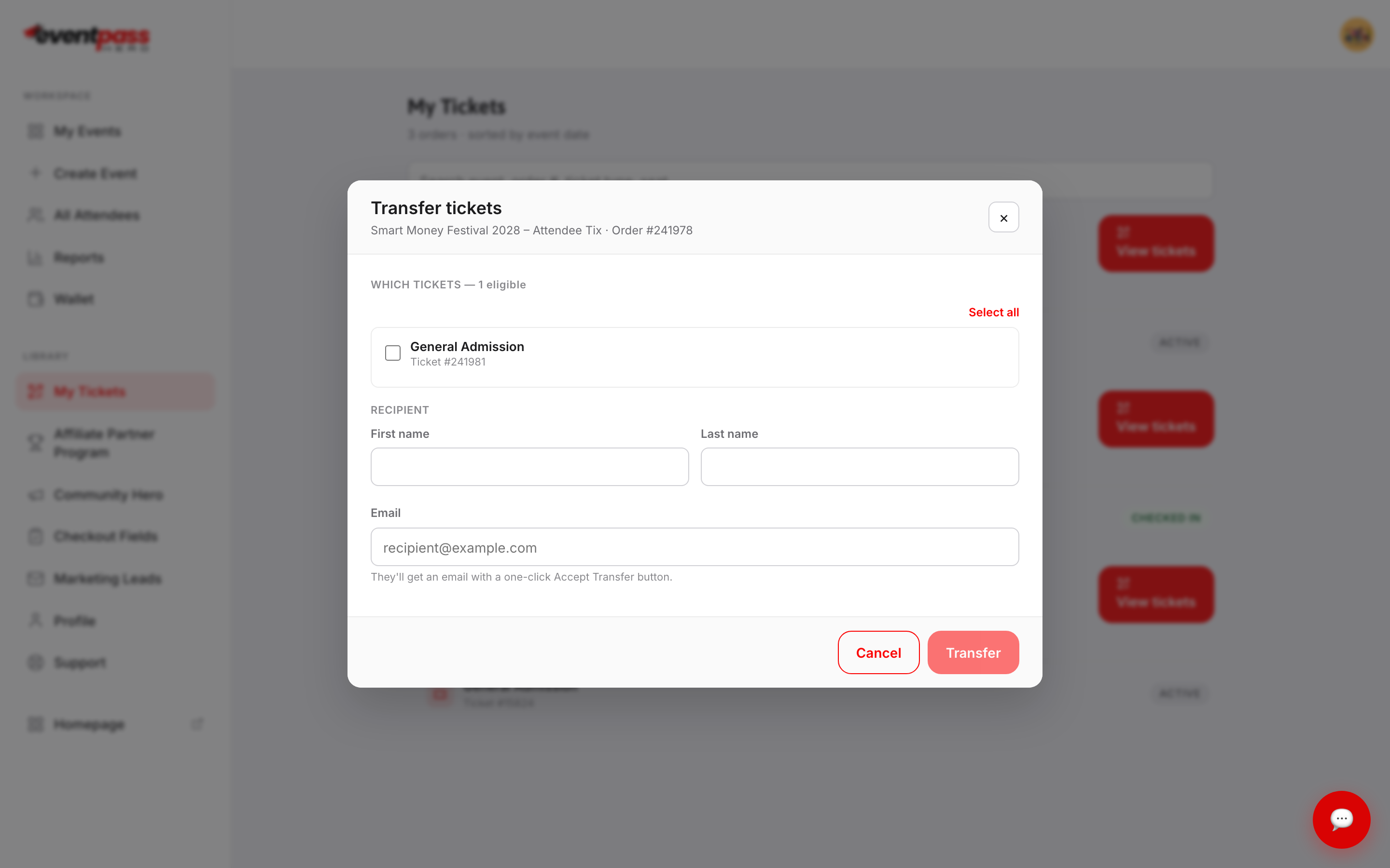 The Transfer tickets dialog with eligible tickets to select and recipient name and email fields