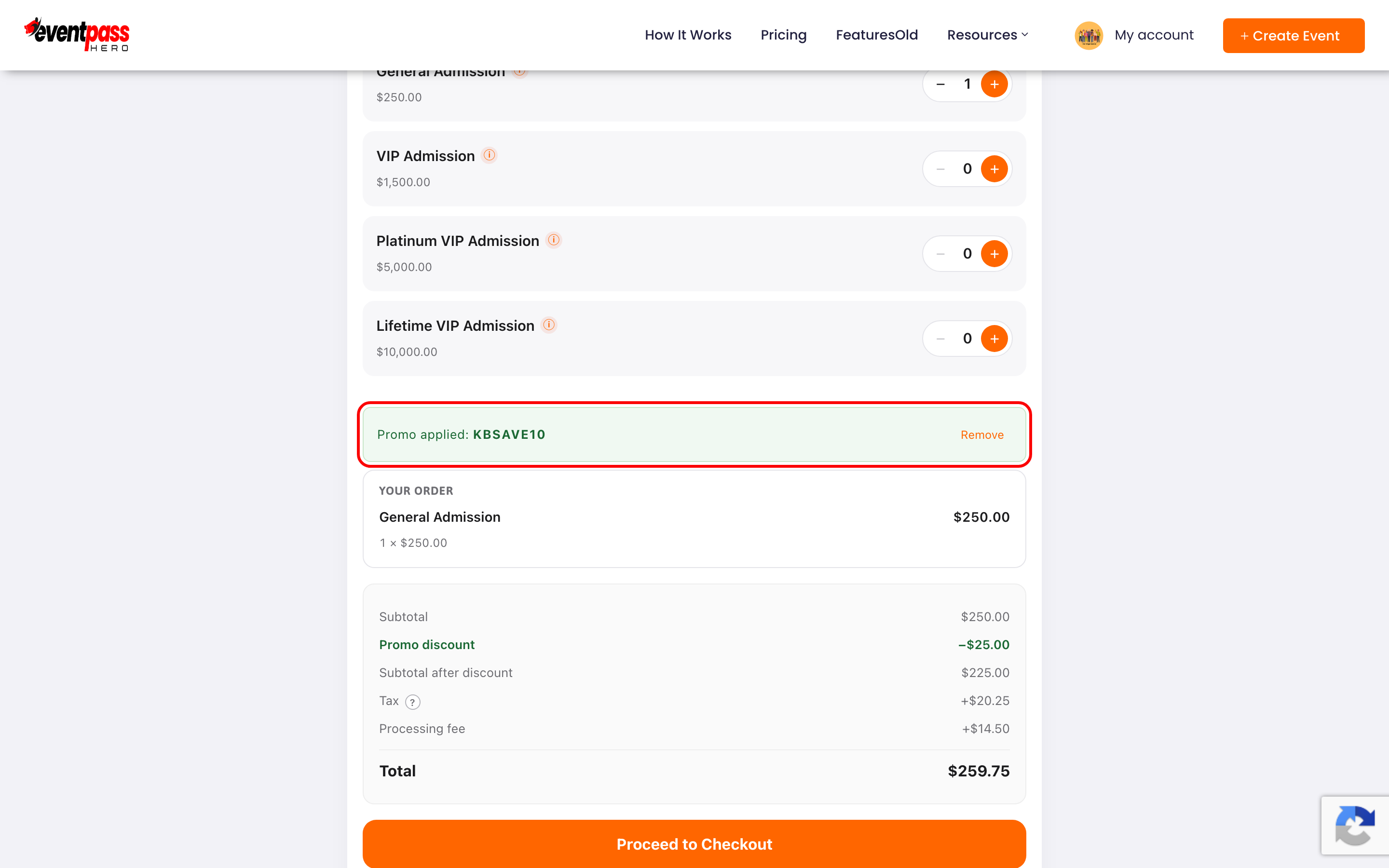 The cart with a promo code applied, showing the Promo applied banner and the promo discount line in the order summary