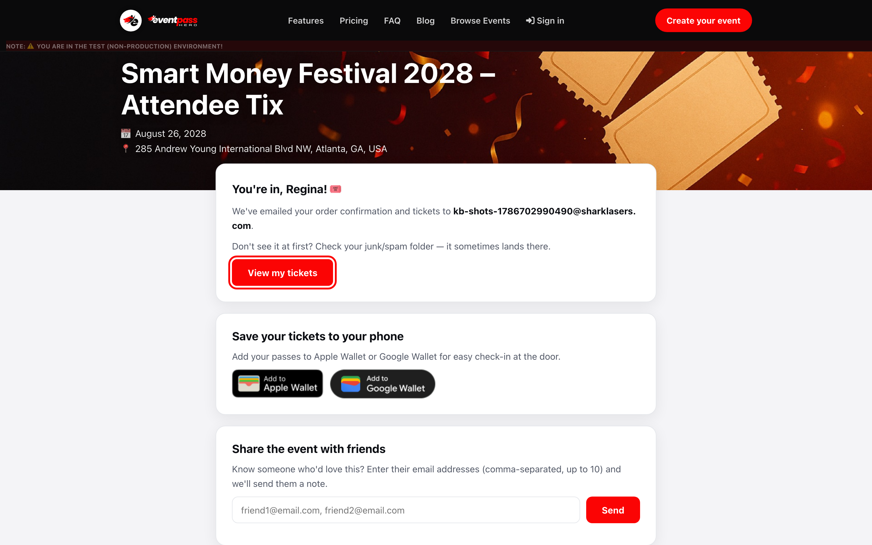 The Order Complete page with the View my tickets button highlighted
