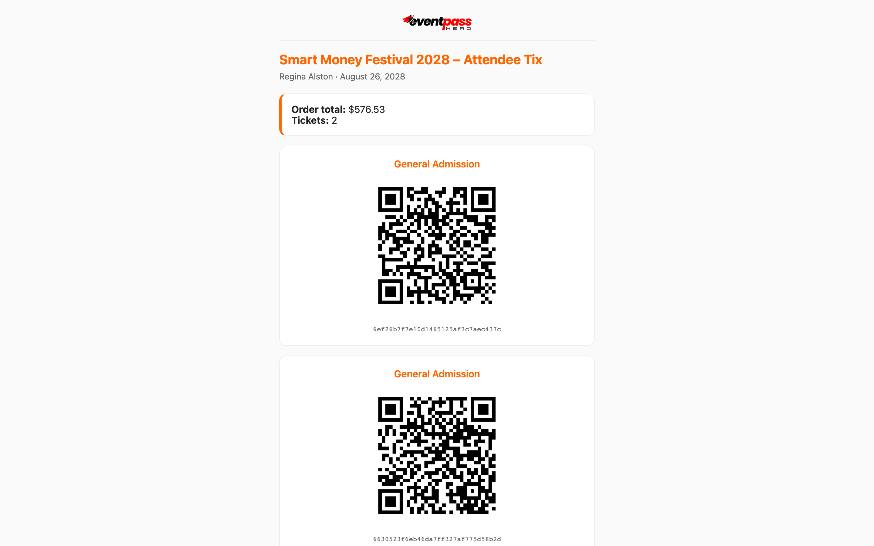 The tickets page showing each ticket's QR code, ready to scan at the door