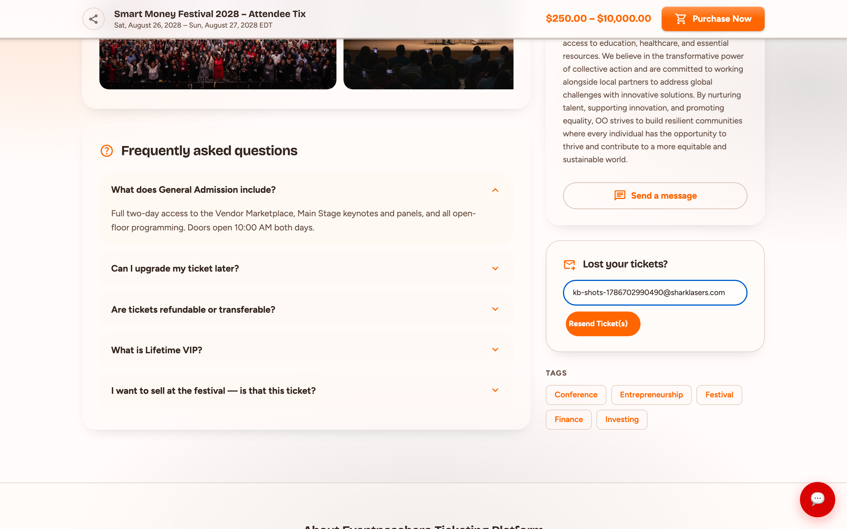 The Lost your tickets card on the event page with the email field and Resend button