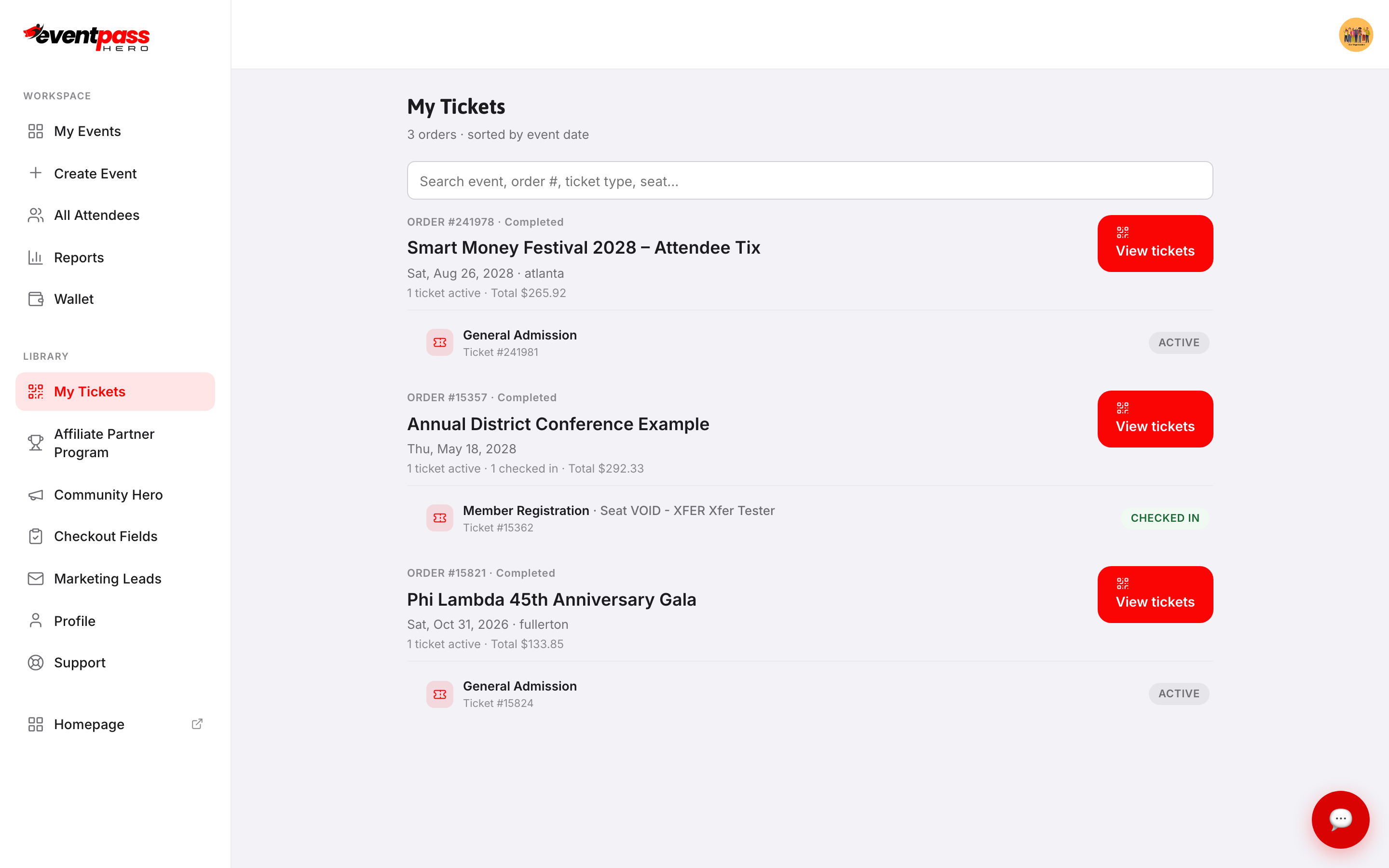 The My Tickets page listing orders by event, each with a View tickets button