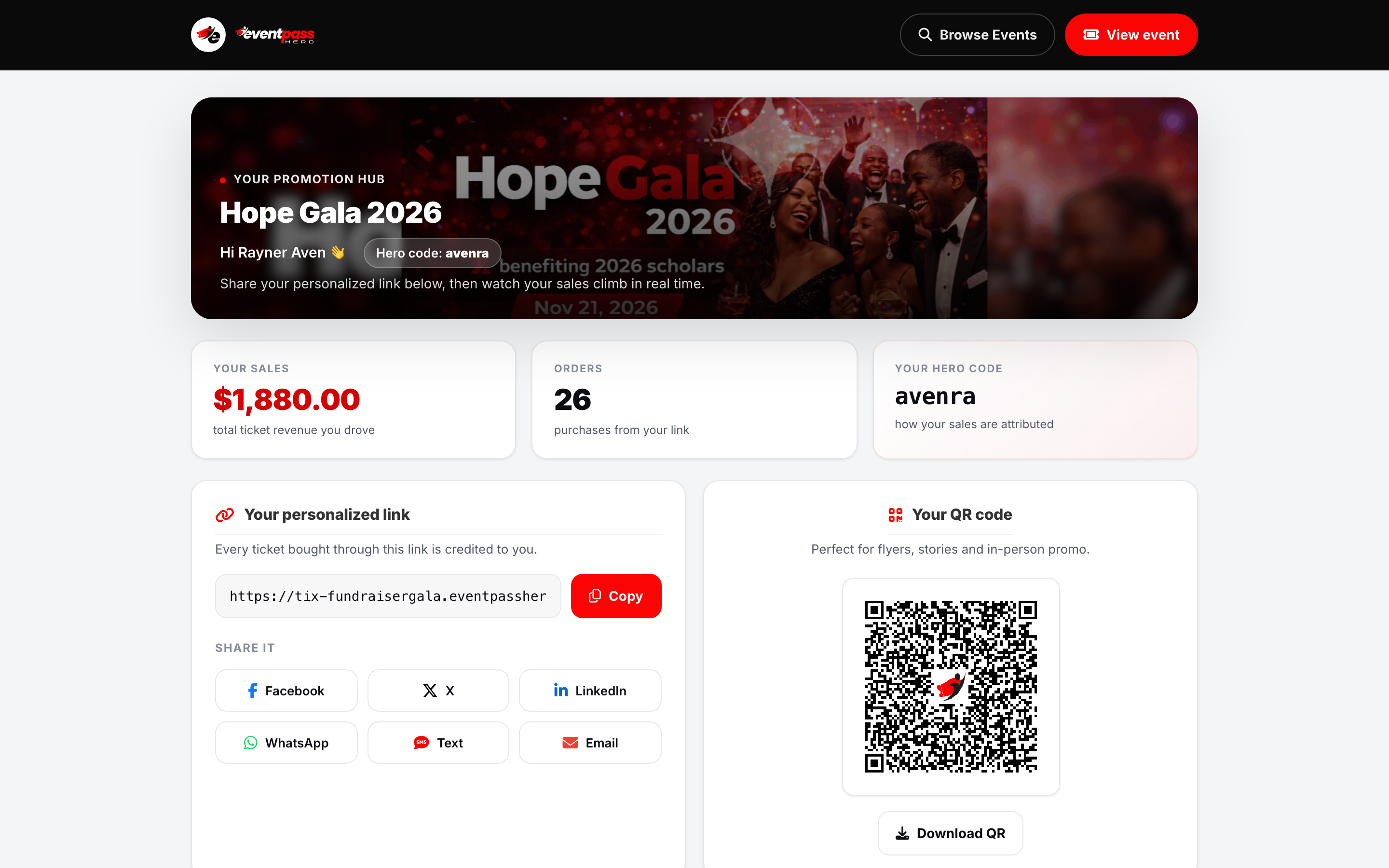 A member's promotion hub dashboard showing their hero code, total sales, and order count for the event