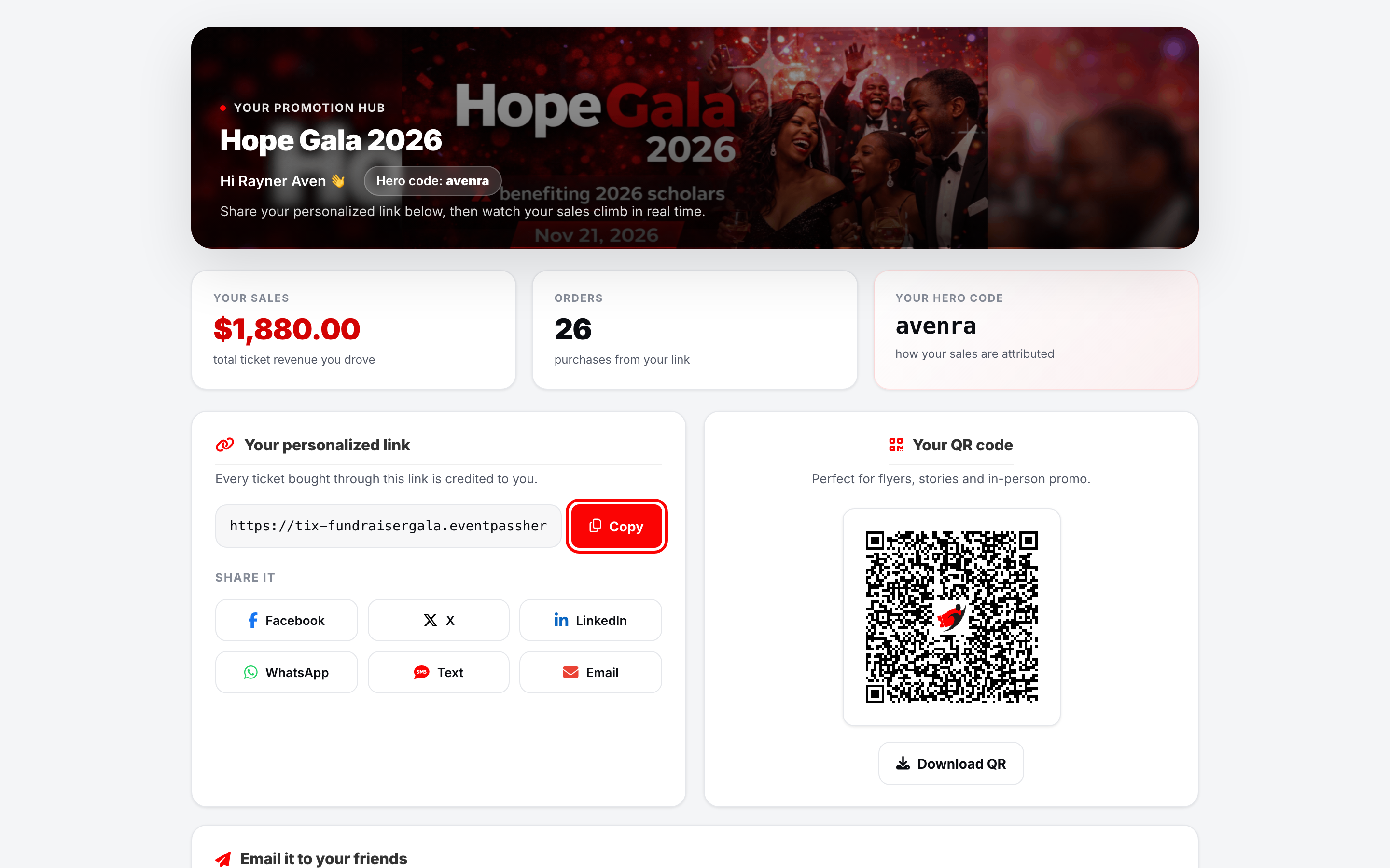 The personalized link card with the Copy button highlighted, share buttons, and the downloadable QR code