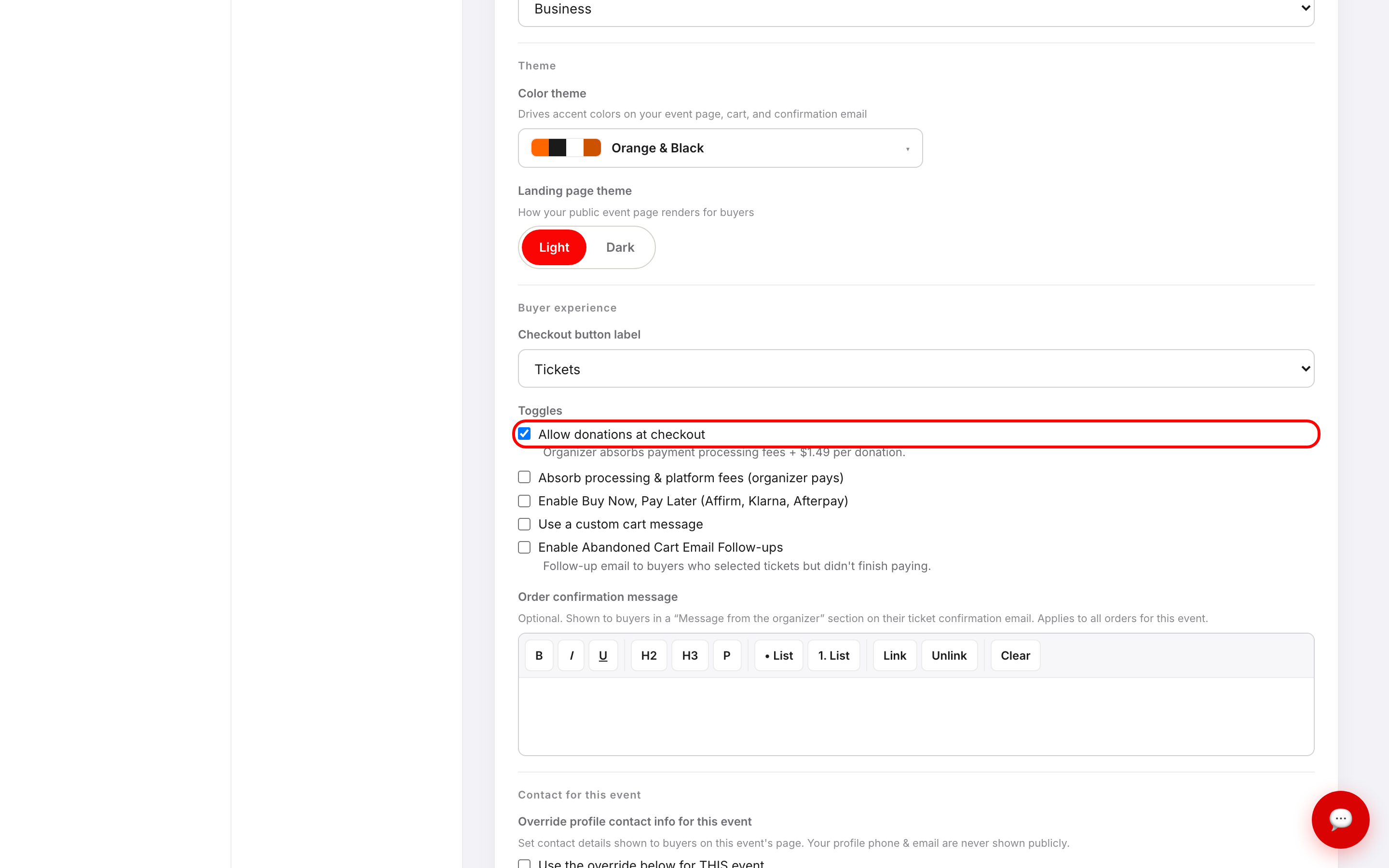 The Toggles block on the Basic Info screen with the Allow donations at checkout checkbox outlined in red, showing the note that the organizer absorbs payment processing fees plus a flat fee per donation