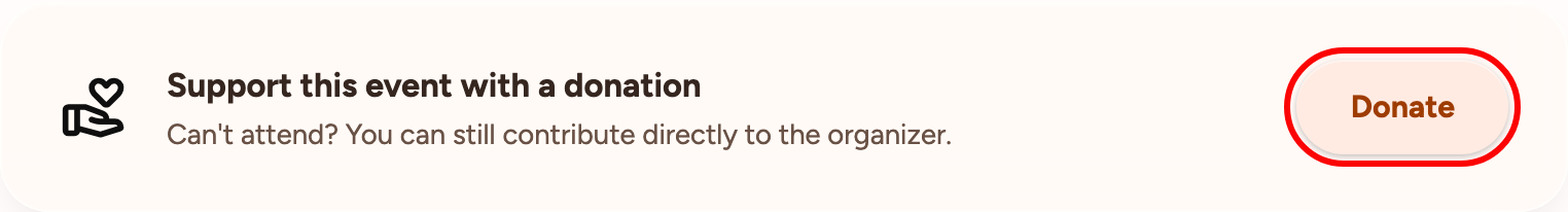 The donation card on a public event page reading Support this event with a donation, Can't attend? You can still contribute directly to the organizer, with a Donate button outlined in red