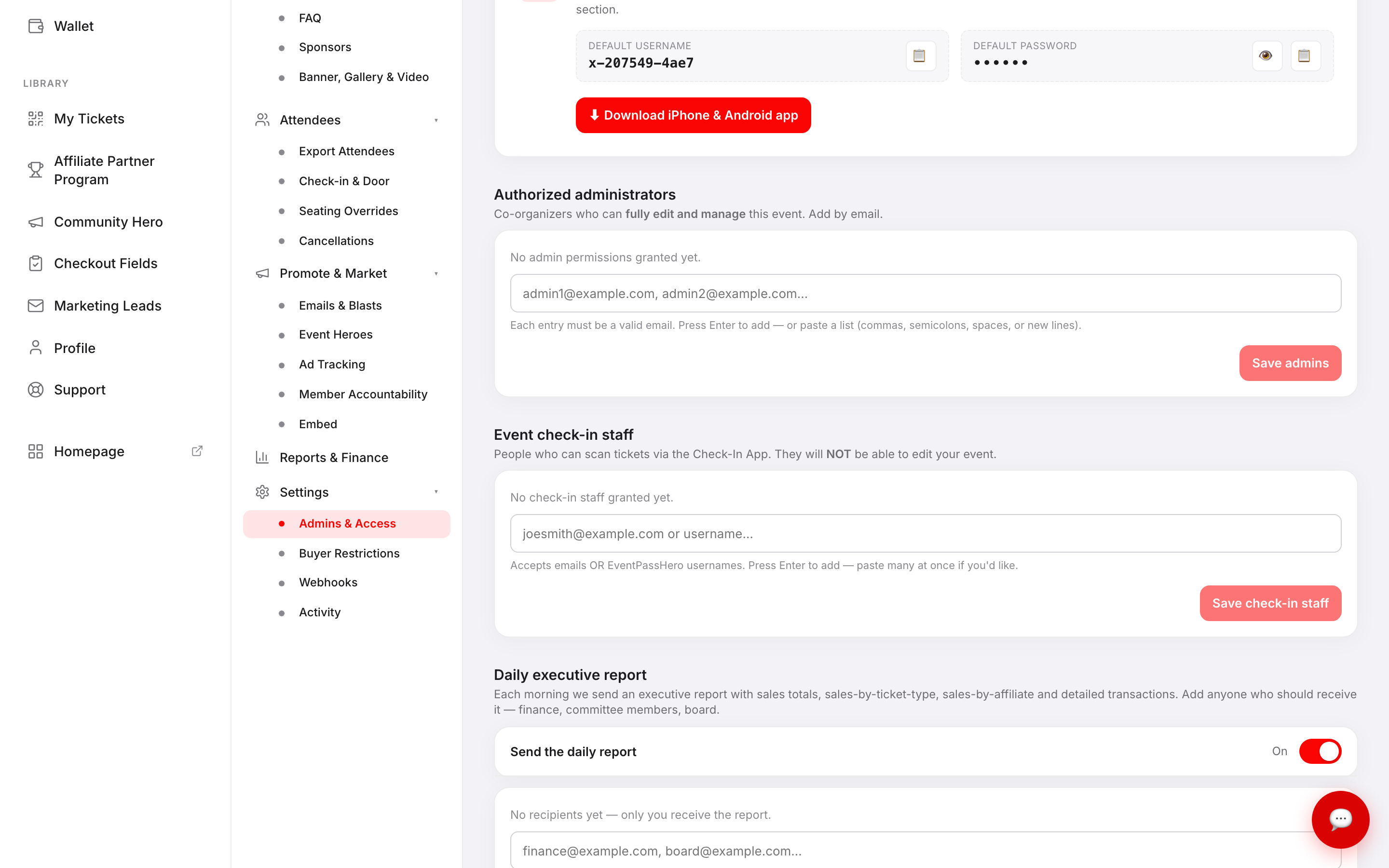 The check-in staff and daily executive report sections with email entry fields