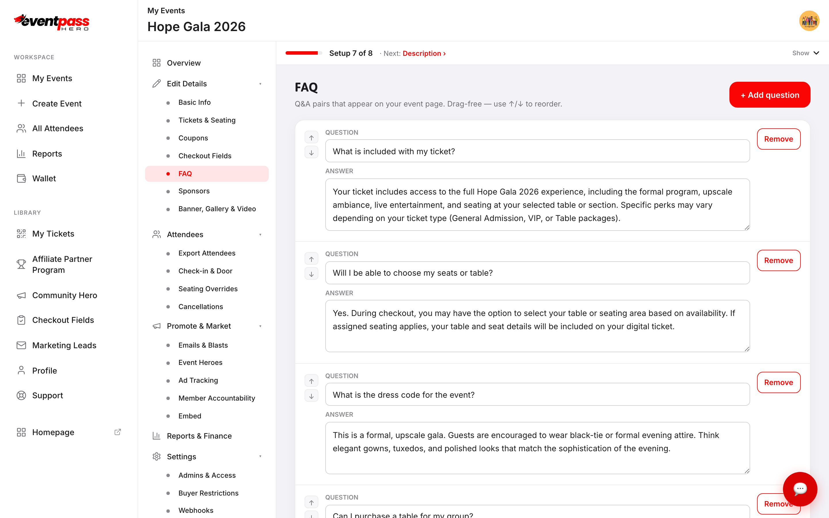 The FAQ screen with question and answer pairs about tickets, seating, and dress code