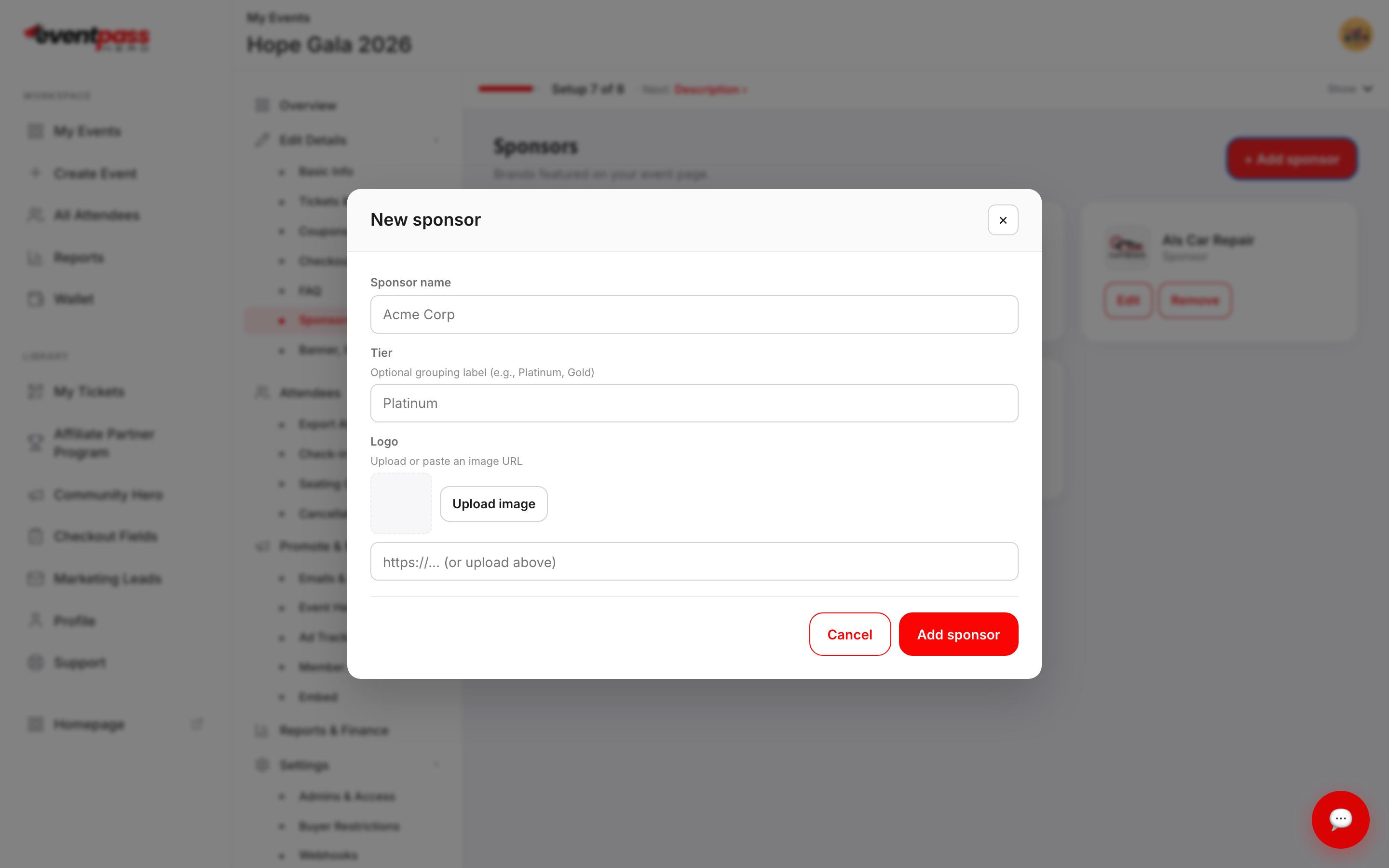 The New sponsor dialog with sponsor name, tier label, and logo upload fields