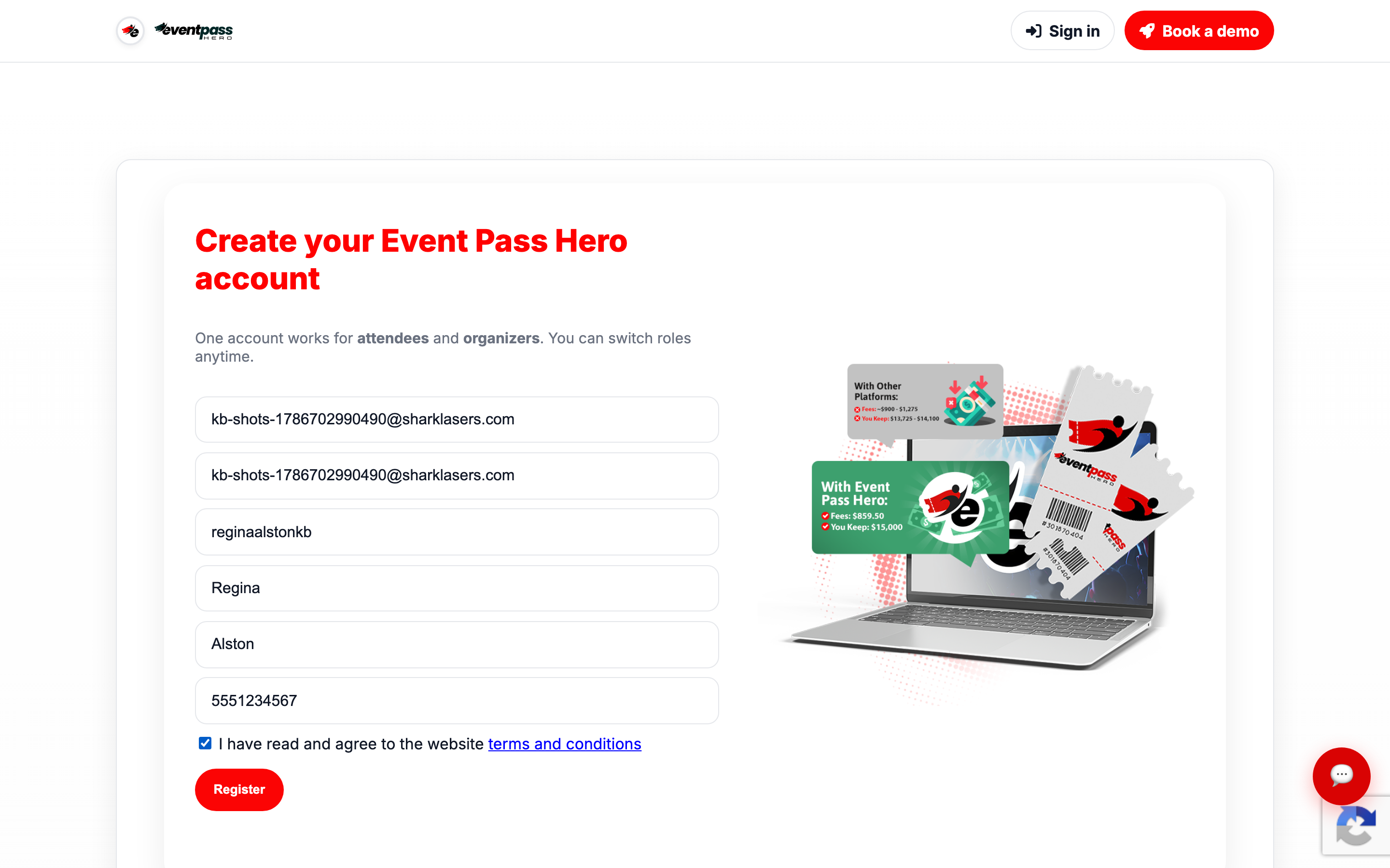 The Create your Event Pass Hero account form with email, username, name, and phone fields