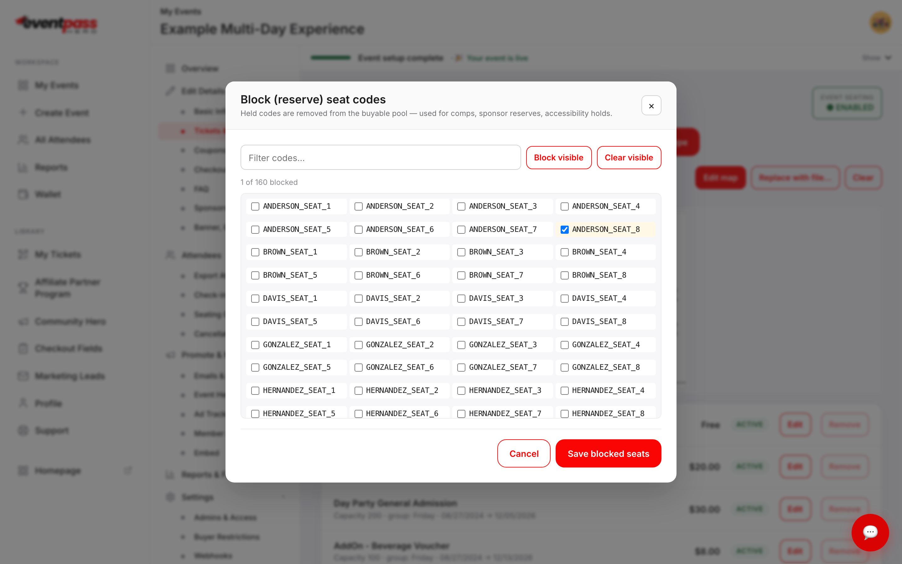 The Block reserve seat codes dialog with a filter box, Block visible and Clear visible buttons, a running count reading 1 of 160 blocked, and a scrolling list of seat code checkboxes