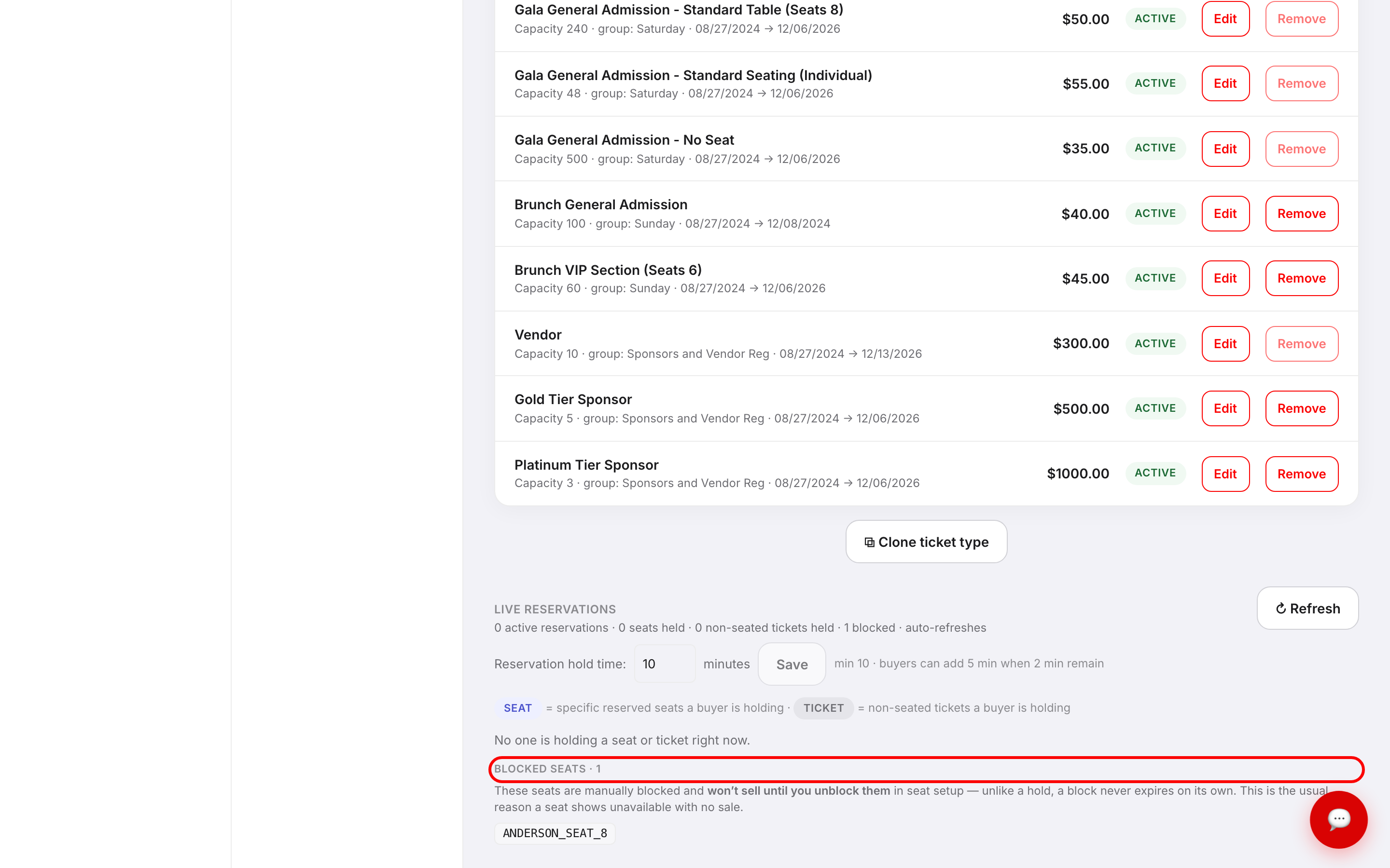 The Live reservations card showing zero active reservations and one blocked seat, with the Blocked seats section outlined in red listing seat code ANDERSON_SEAT_8