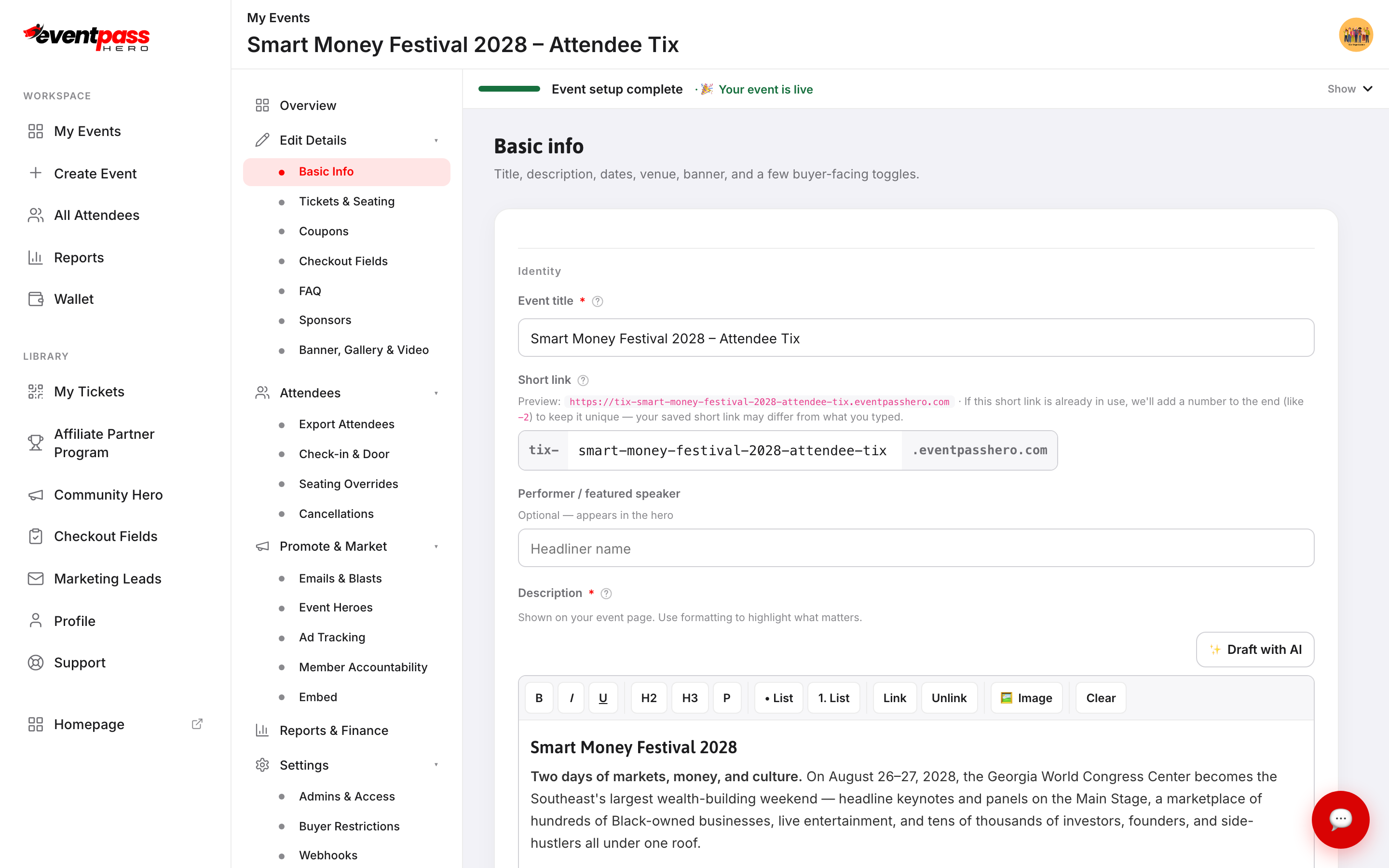 The Basic info screen with event title, short link, description editor, schedule, and venue fields