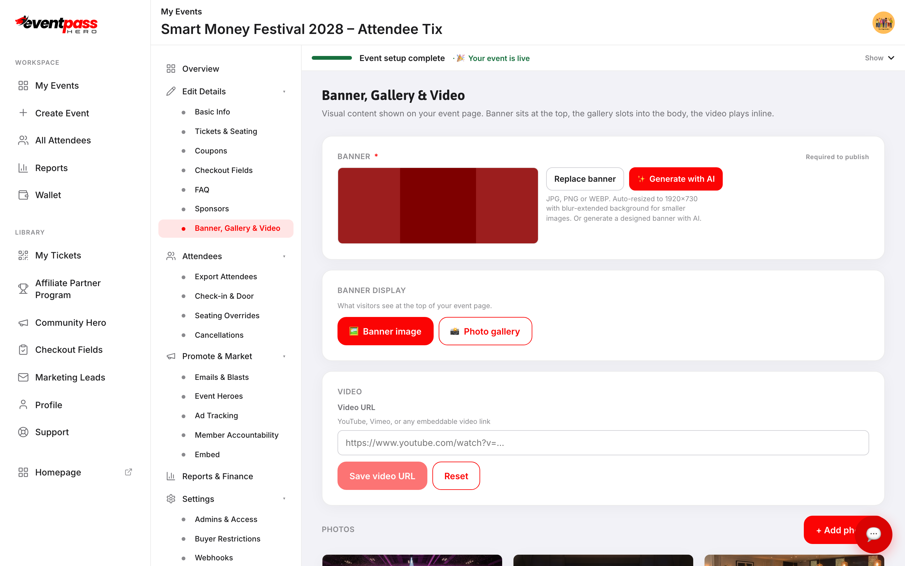 The Banner, Gallery & Video screen with banner upload, banner display choice, video URL, and photo gallery
