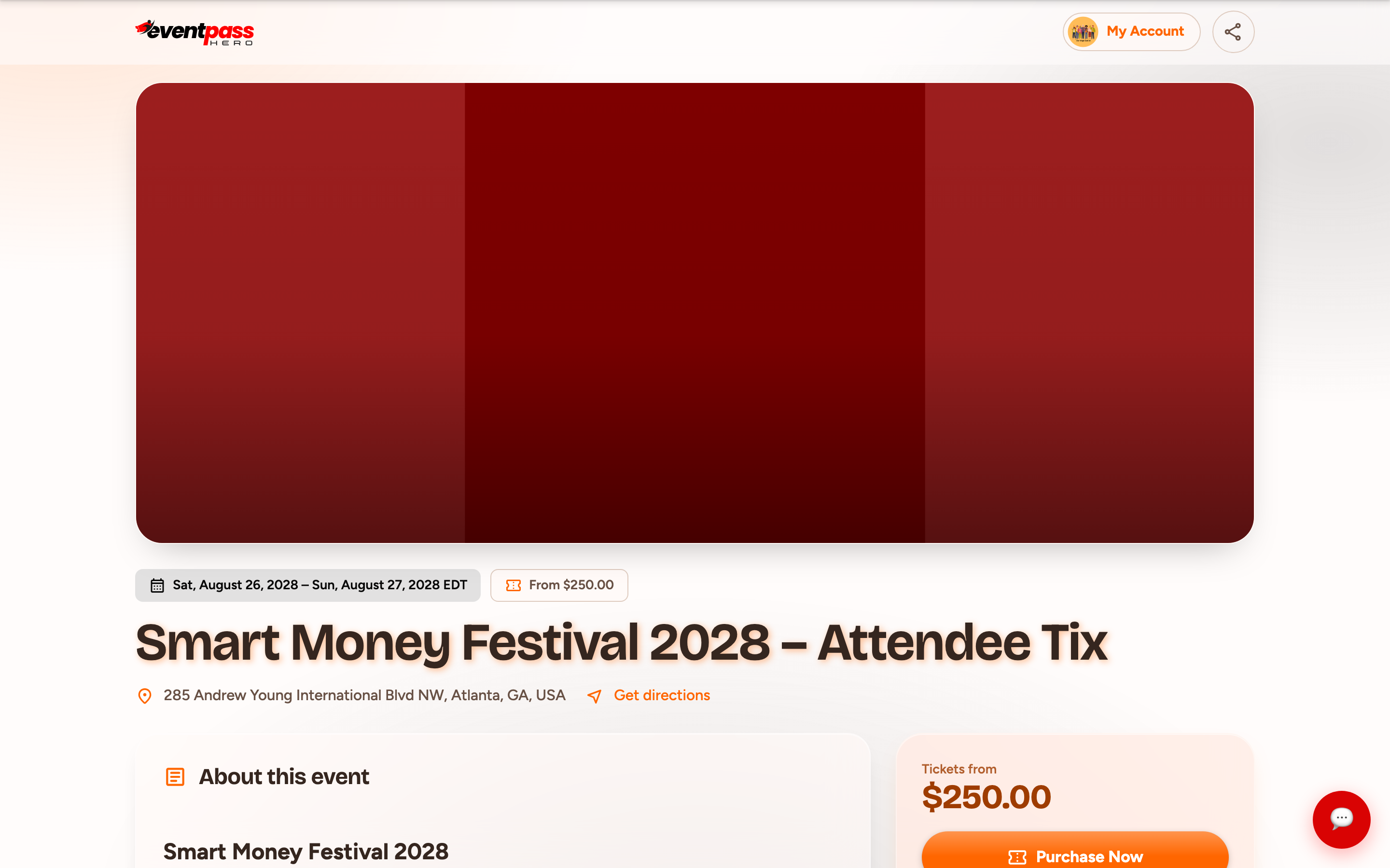 The public event page as buyers see it, with the banner, event title, date, and registration button
