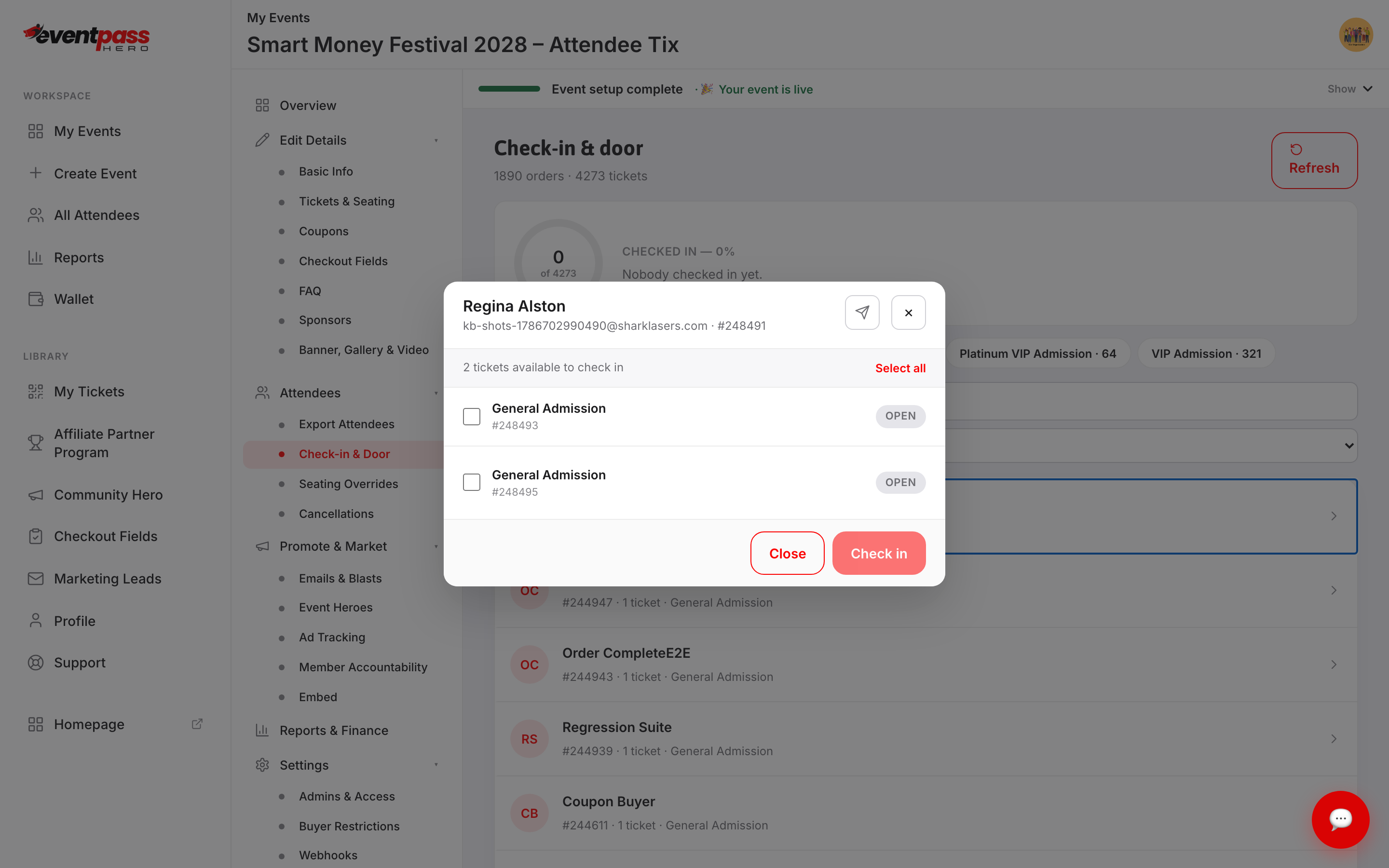 An order dialog listing the order's tickets with checkboxes and the Check in button