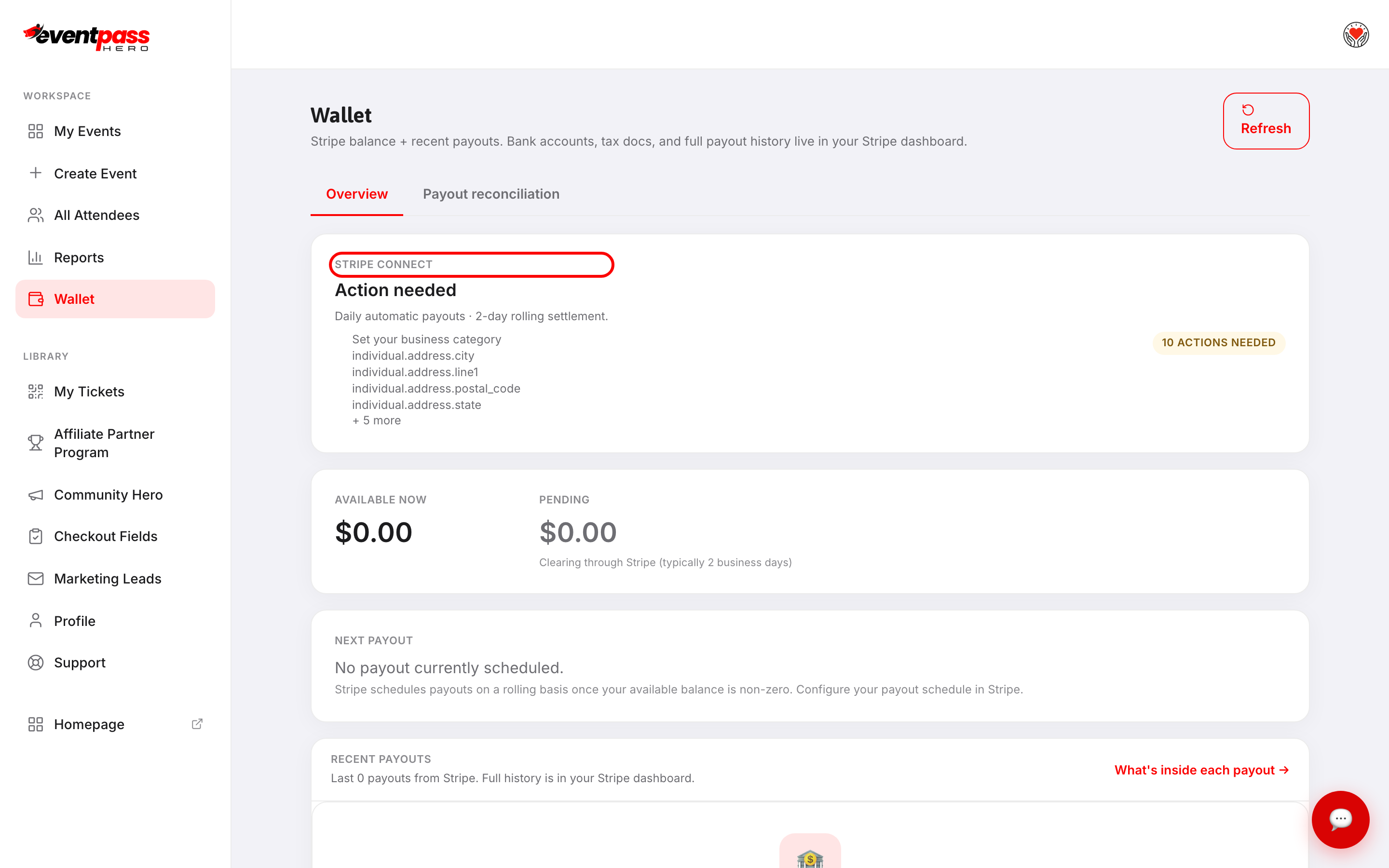 The Wallet's Stripe Connect card showing the action-needed checklist during onboarding