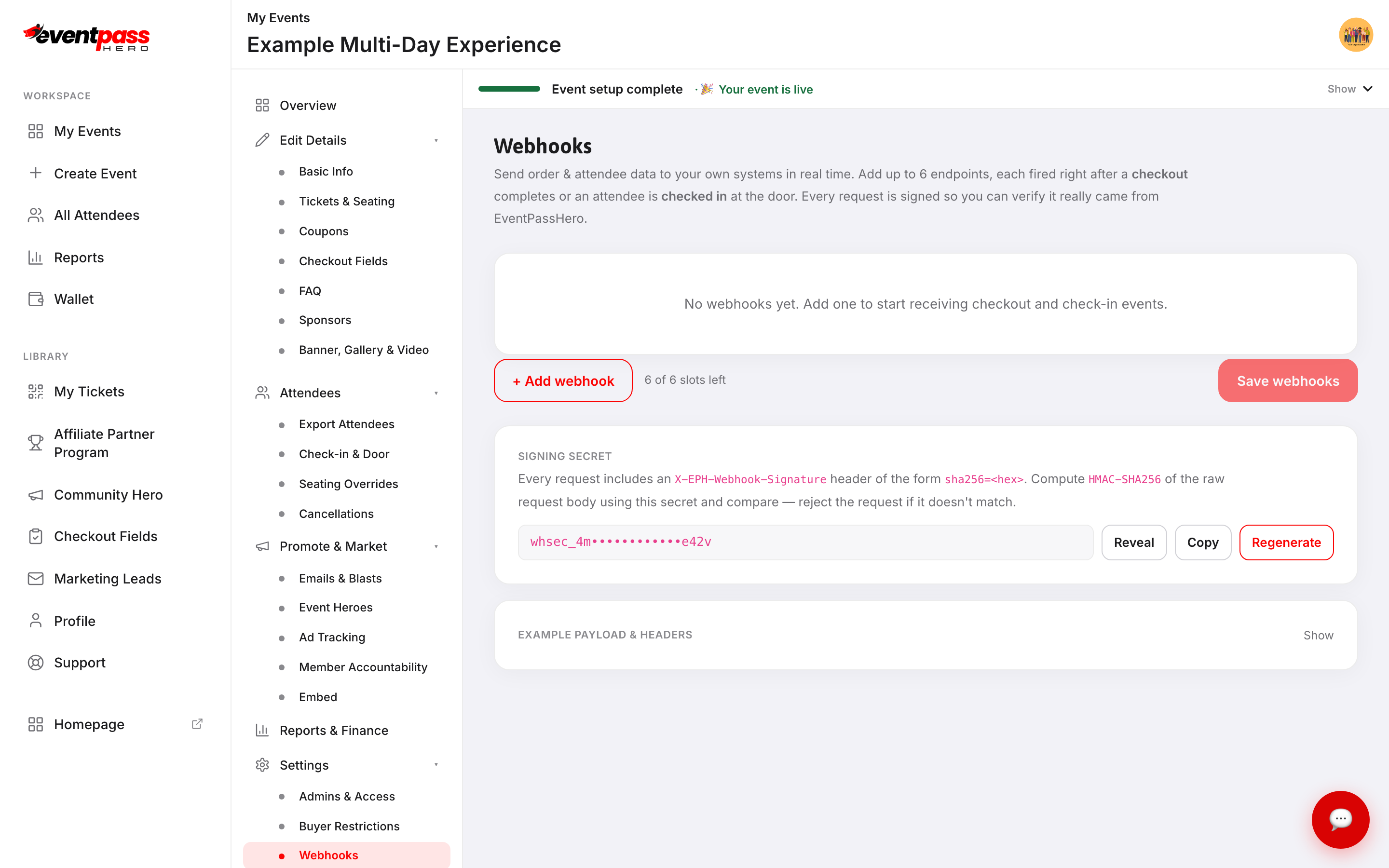 The Webhooks screen under Settings, showing no webhooks yet and the Add webhook button outlined in red with six of six slots left