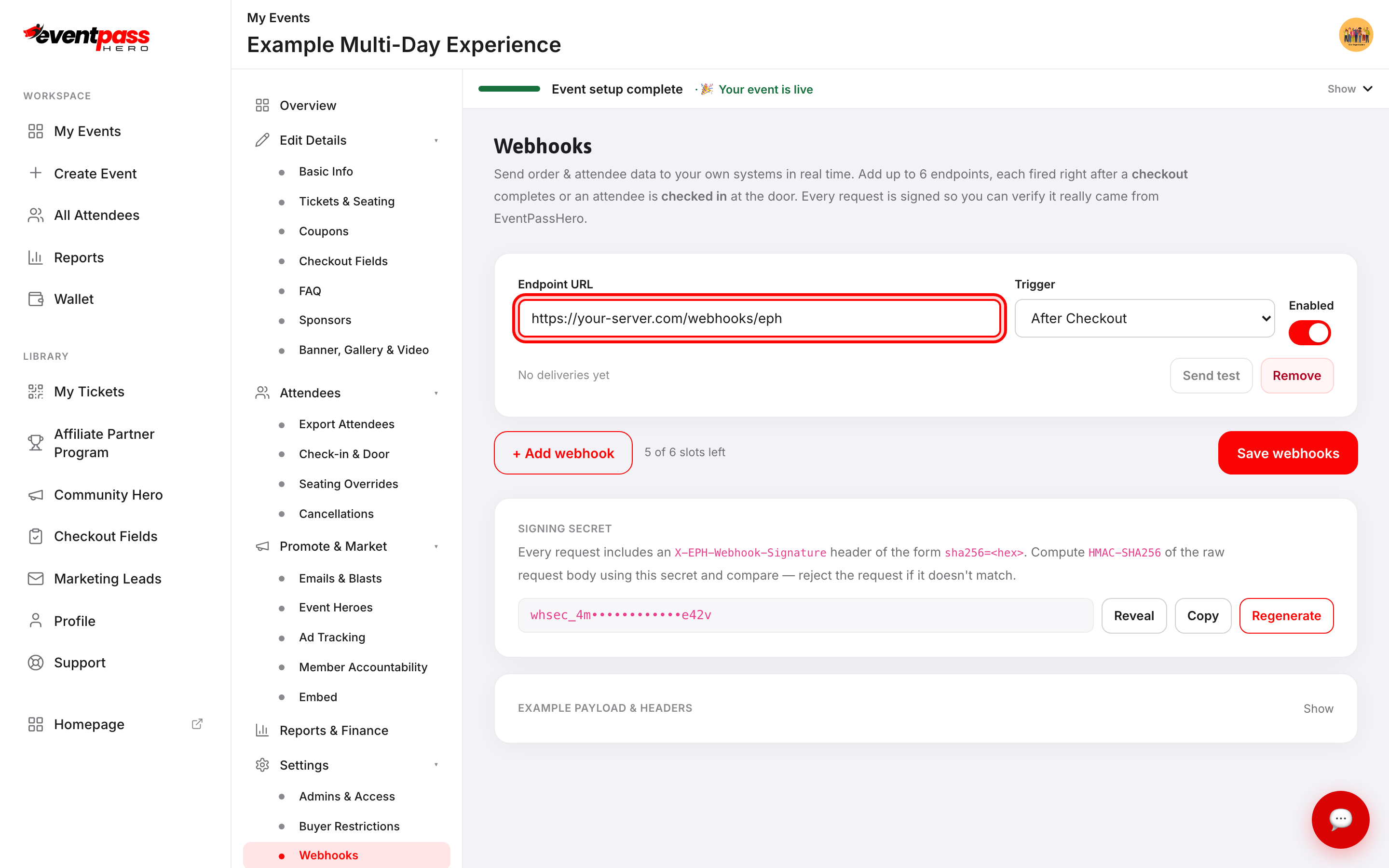 The Webhooks screen with an Endpoint URL field outlined in red, a Trigger dropdown set to After Checkout, an Enabled toggle, and Send test, Remove, Add webhook and Save webhooks buttons