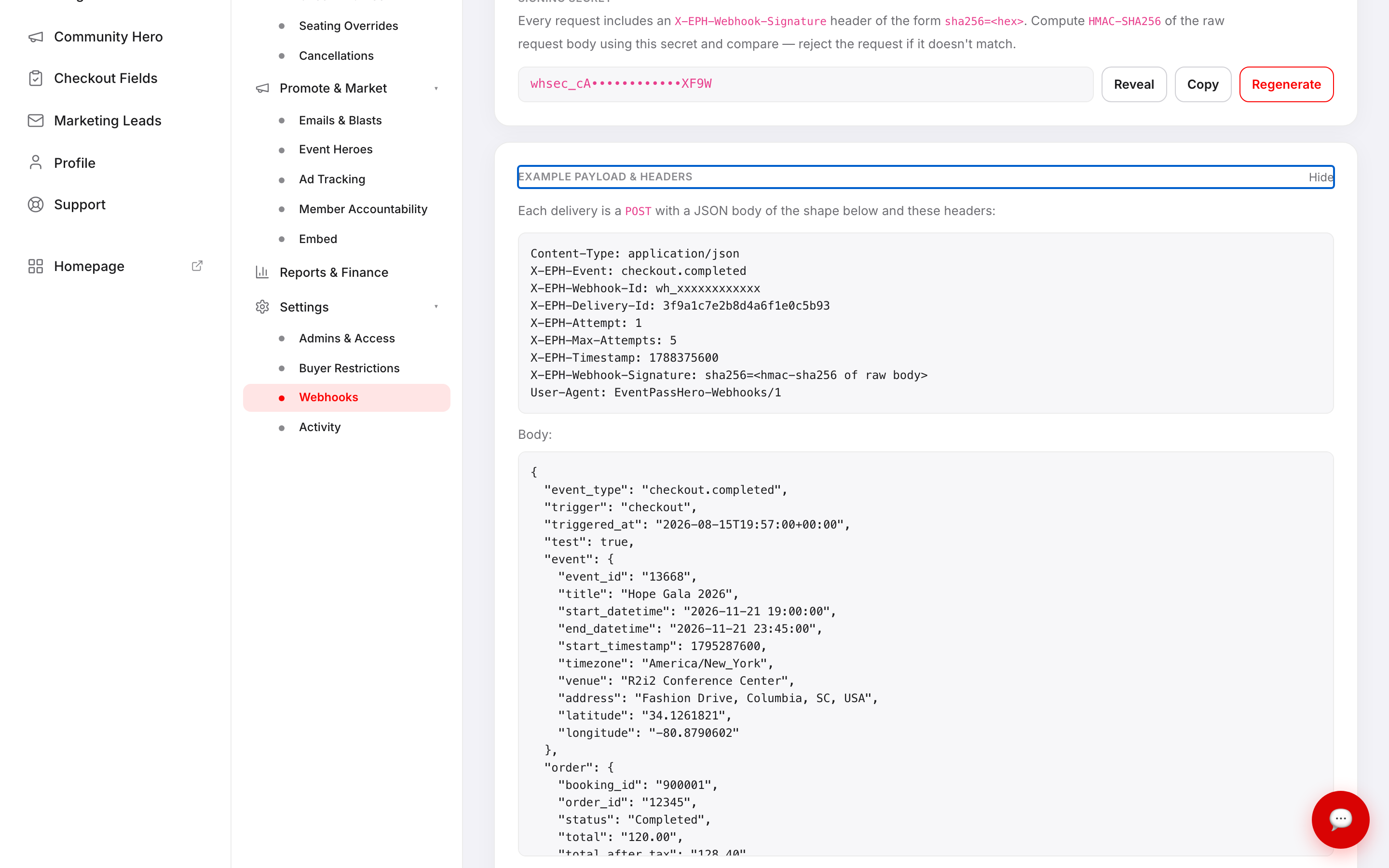 The signing secret section showing a masked secret with Reveal, Copy and Regenerate buttons, and the expanded example payload showing request headers and a JSON body