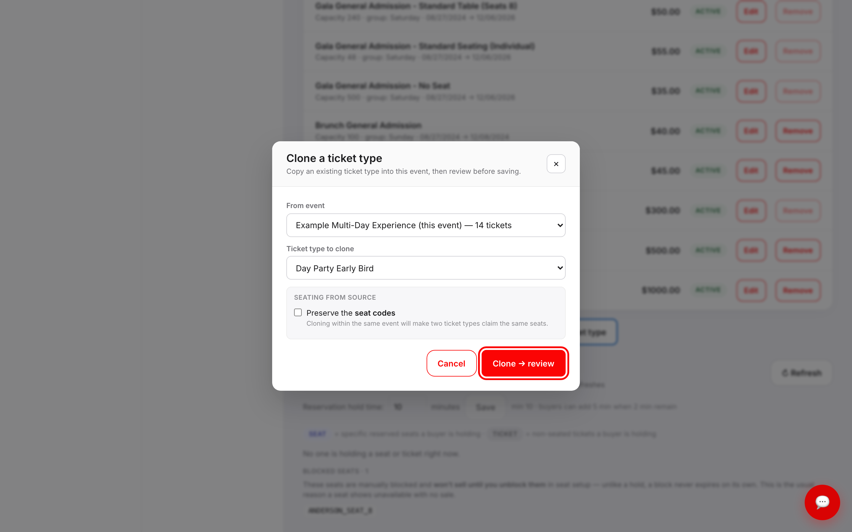 The Clone a ticket type dialog with From event and Ticket type to clone dropdowns, a Seating from source section, and the Clone to review button outlined in red
