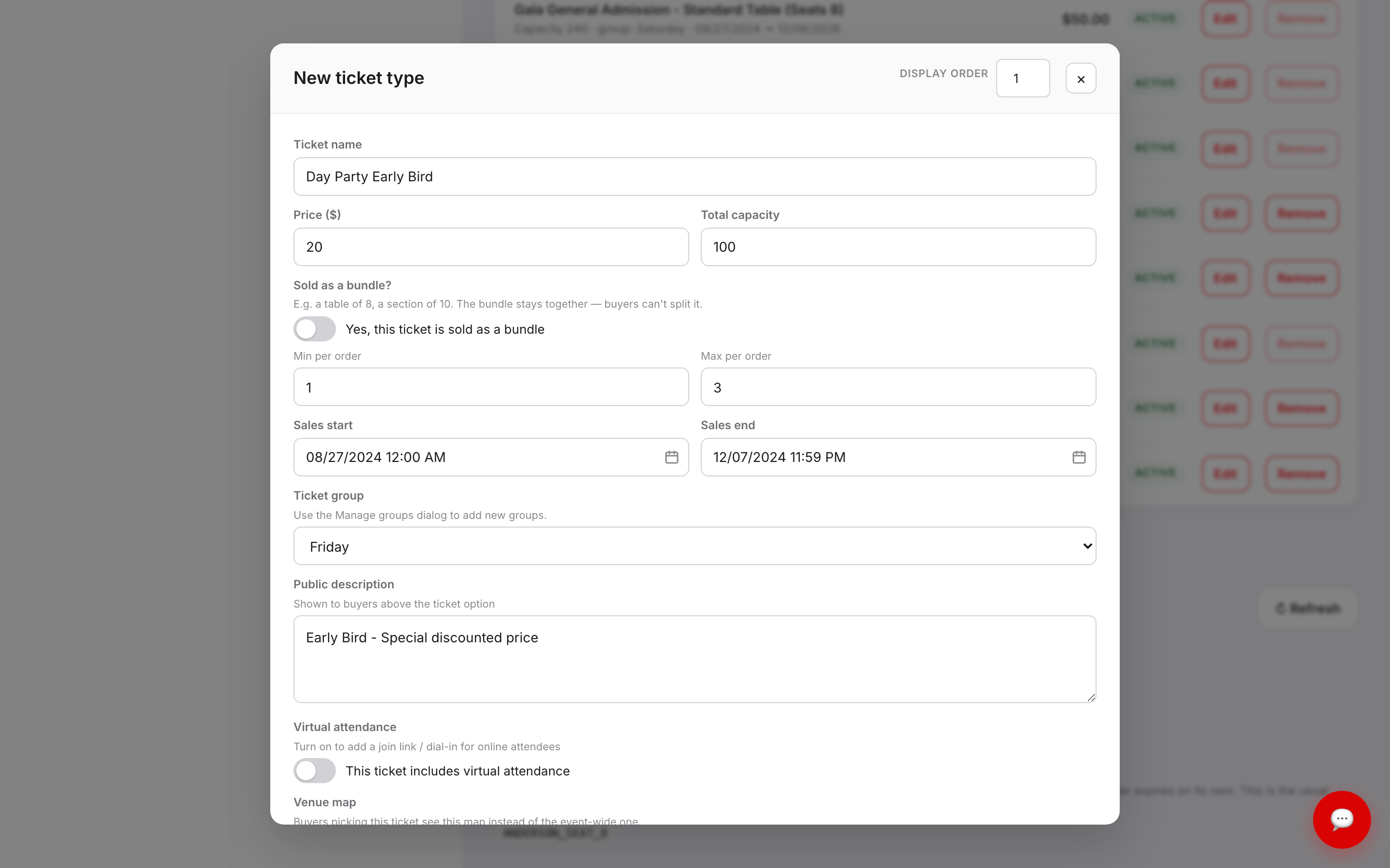 The New ticket type editor pre-filled with the cloned ticket's name, price, capacity, min and max per order, sales dates, ticket group, and public description