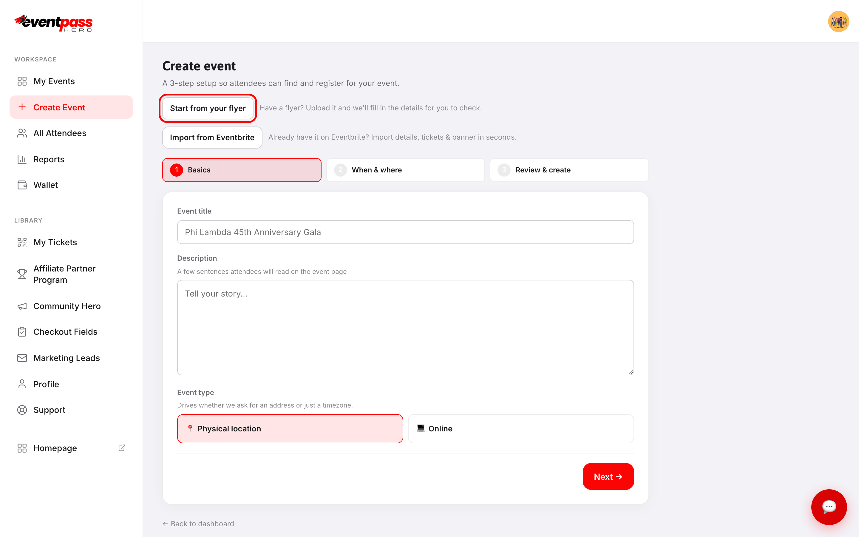 The Create event screen with the Start from your flyer button outlined in red, above the Import from Eventbrite button