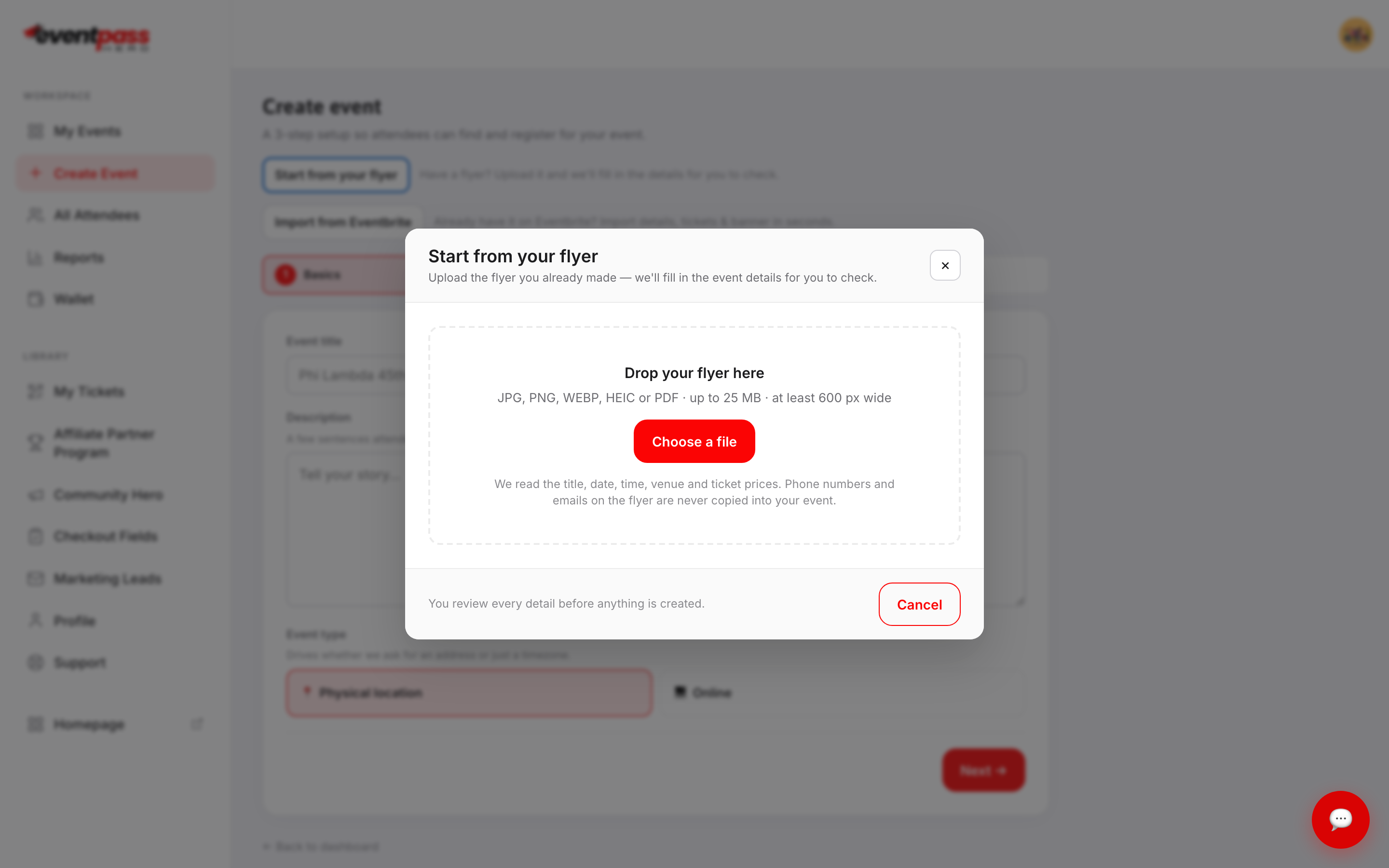 The Start from your flyer window with a drop area for the flyer and a Choose a file button