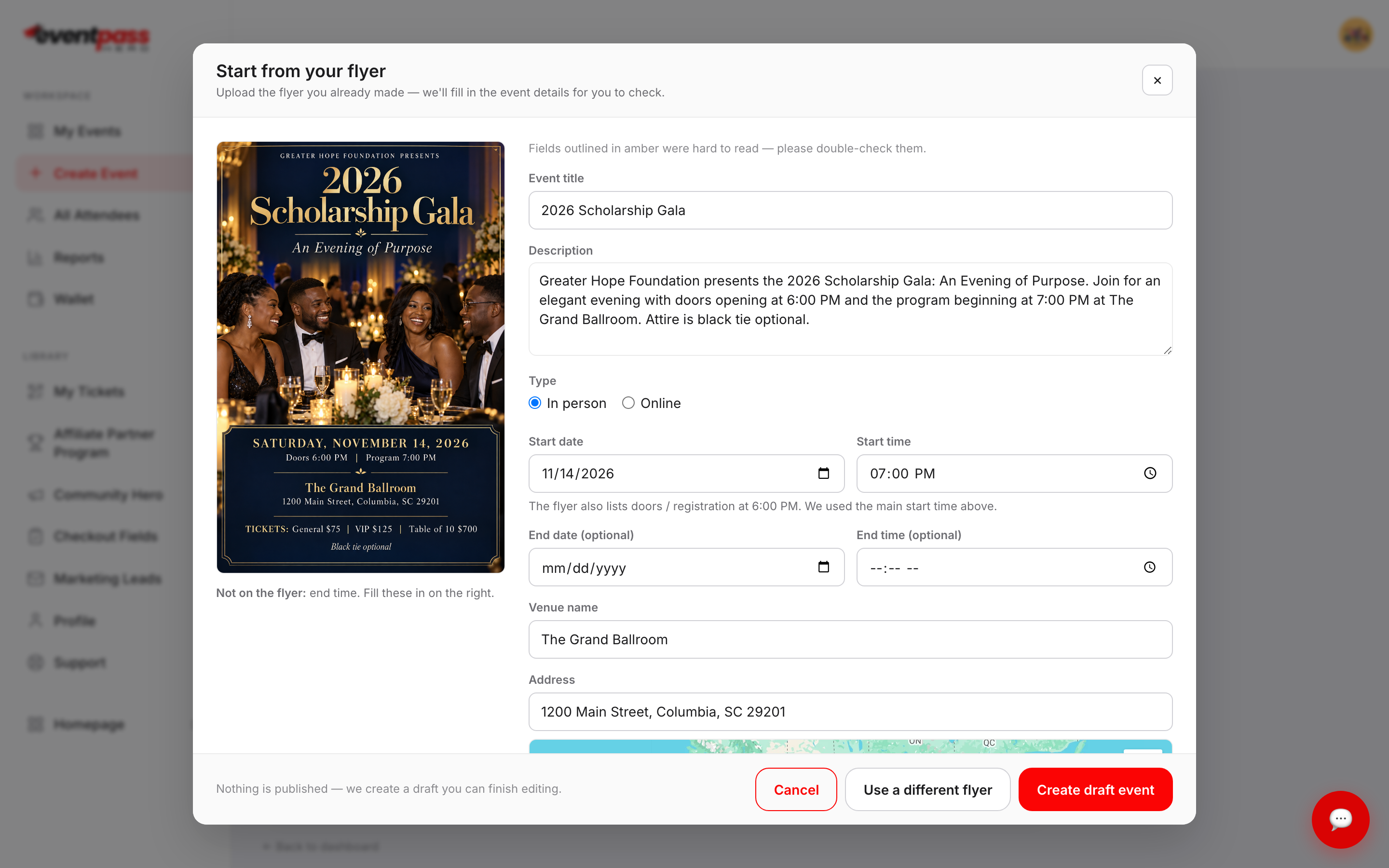 The review screen with a scholarship gala flyer on the left and the filled-in title, description, start date, start time, venue, and address on the right
