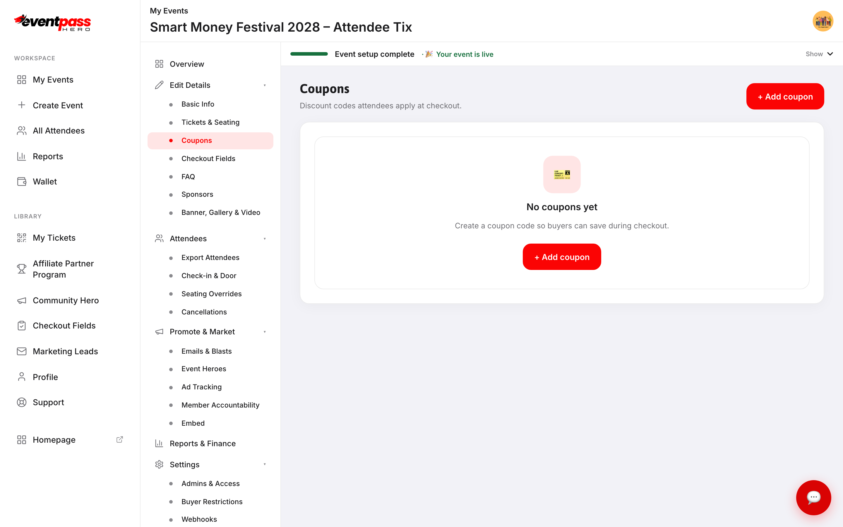 The Coupons screen with the Add coupon button and an existing discount code listed