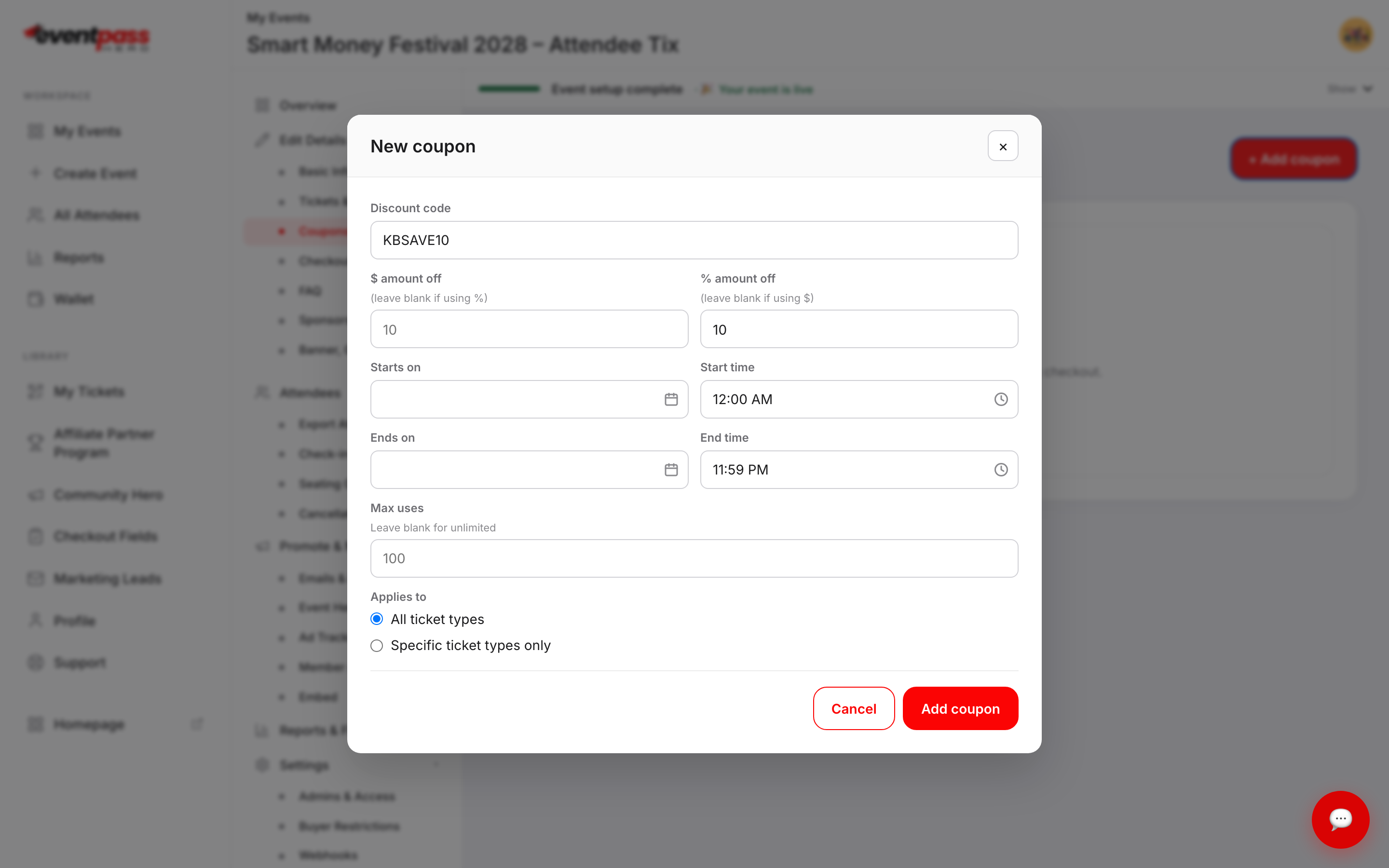 The New coupon dialog with discount code, amount fields, date window, max uses, and ticket scope