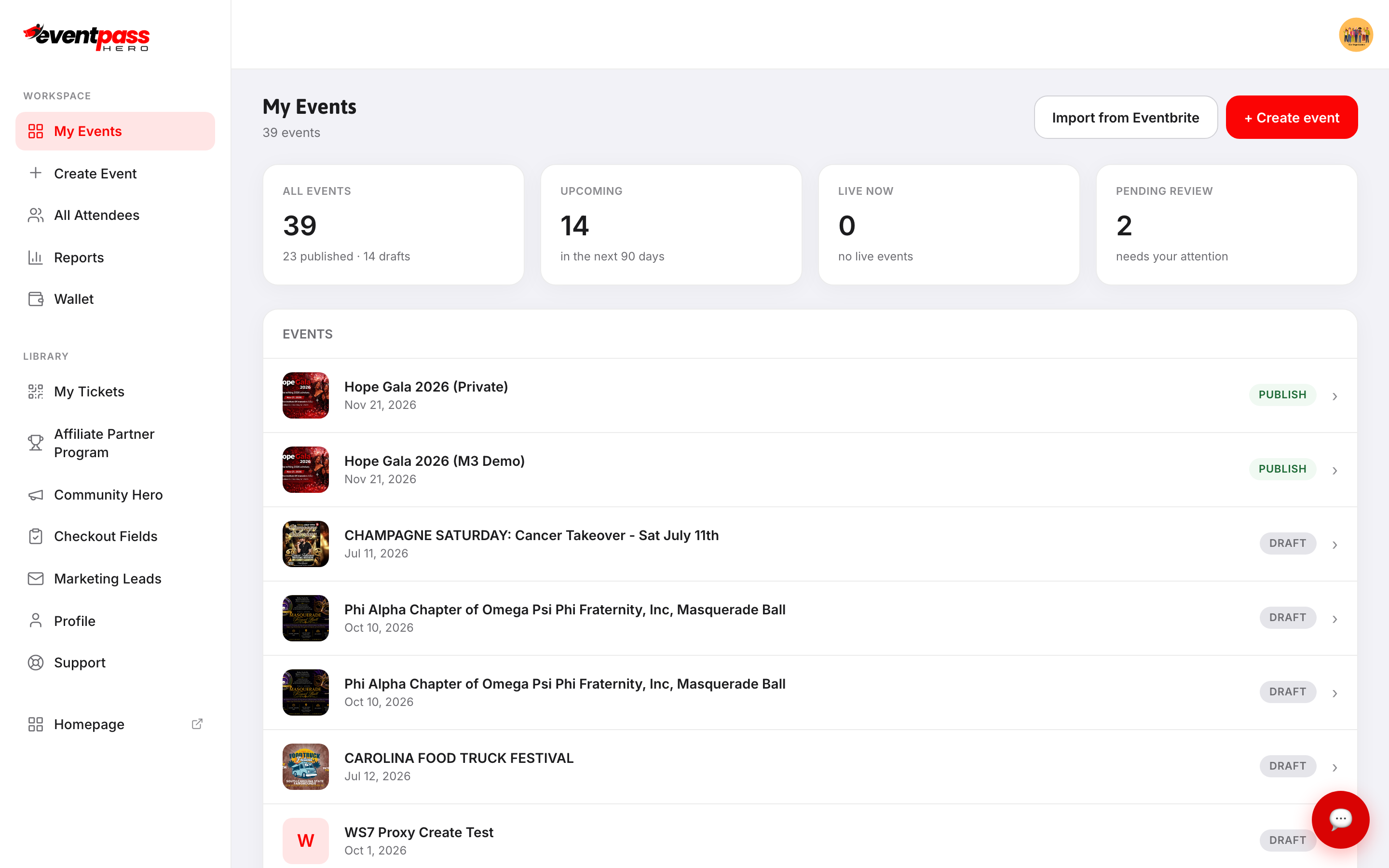 The My Events screen with the Create Event navigation highlighted