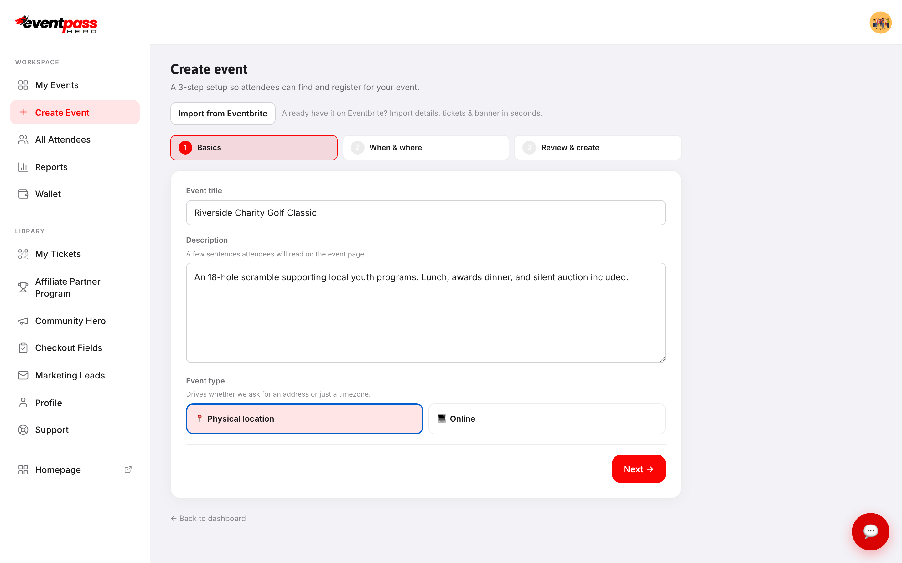 The wizard's Basics step with event title, description, and event type fields