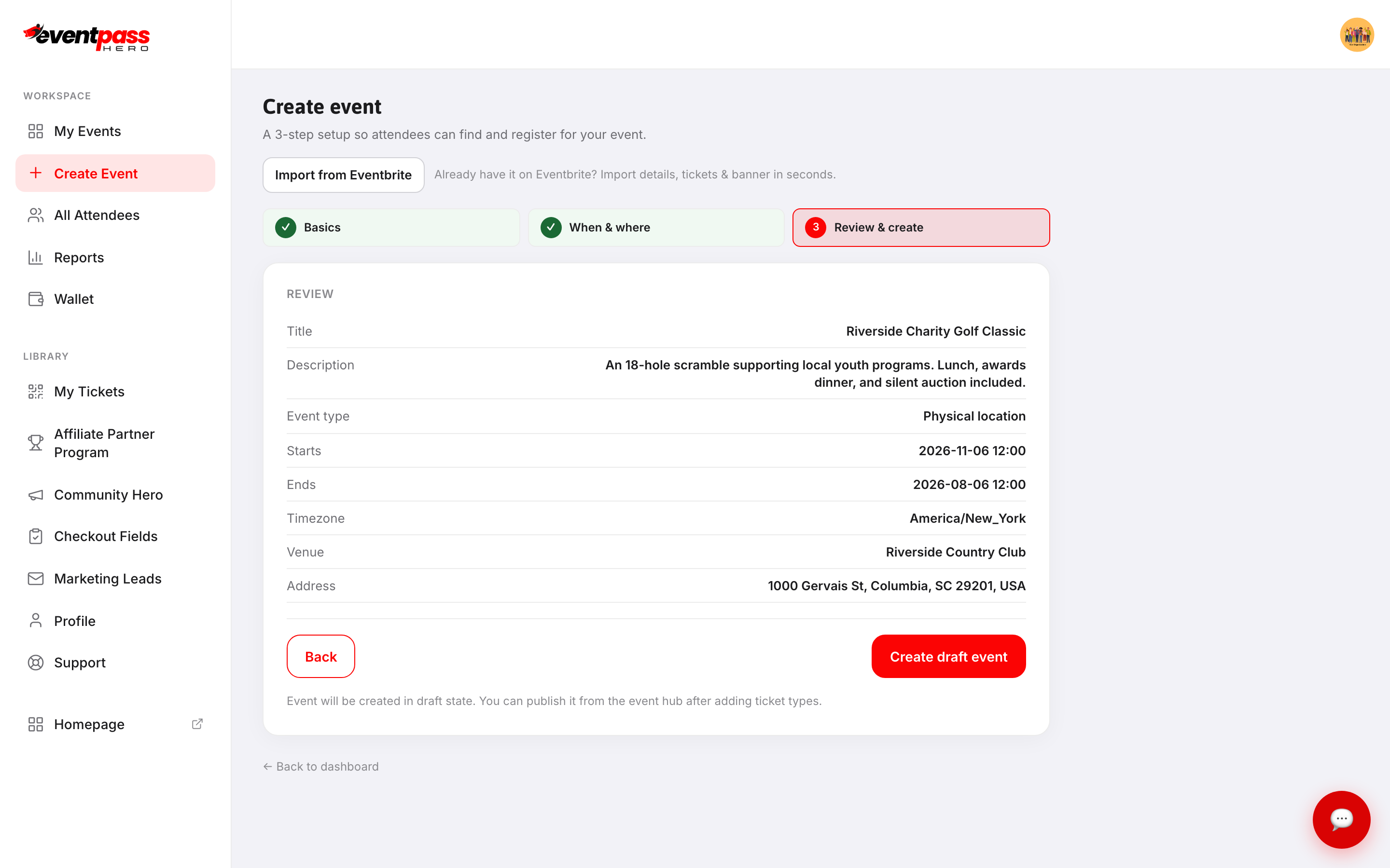 The Review & create step summarizing the event with the Create draft event button