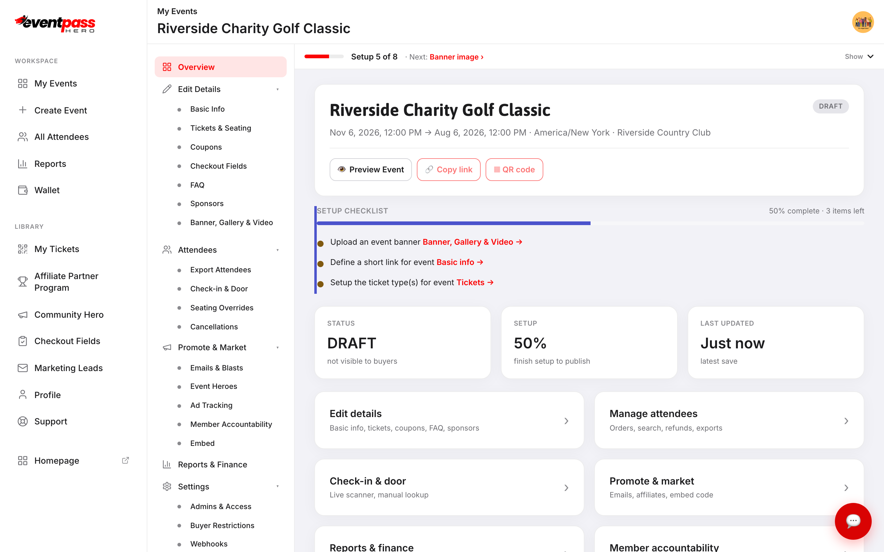 The new event's hub in Draft status with the setup checklist and progress toward publishing