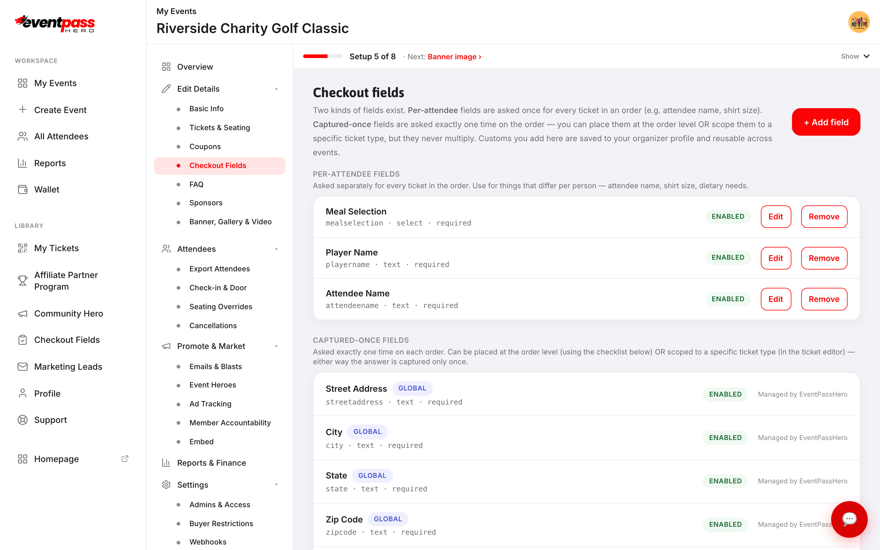 The Checkout Fields screen showing per-attendee fields (Meal Selection, Player Name, Attendee Name) and captured-once fields below, with the Add field button at the top
