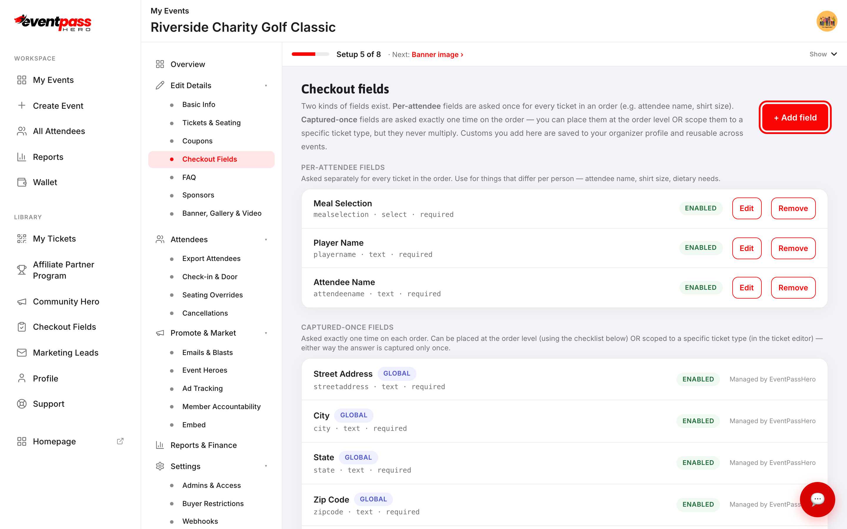 The Checkout Fields screen with the plus Add field button highlighted at the top of the page